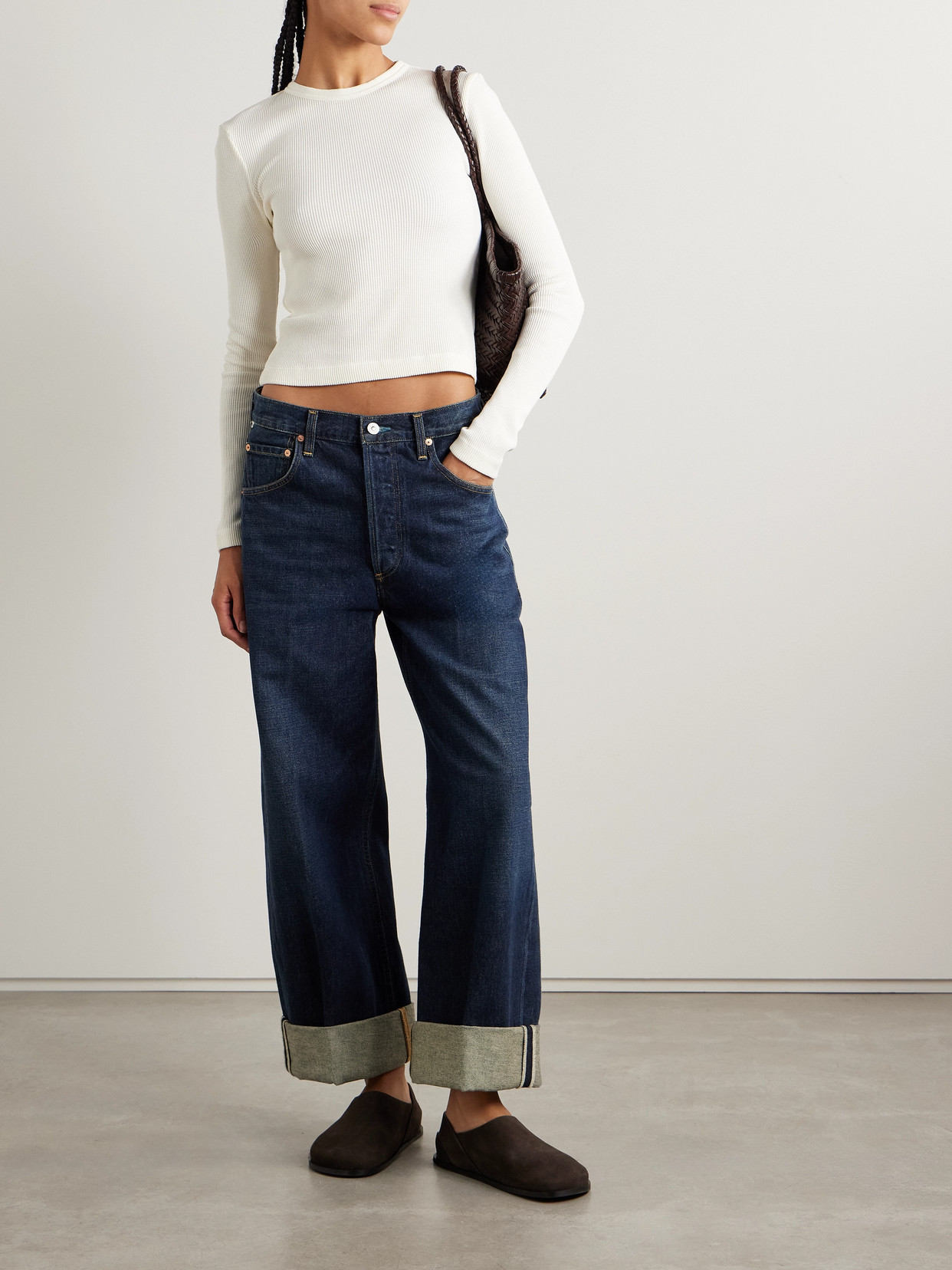 Citizen Of Humanity Pilar Cropped Waffle-knit Cotton T-shirt In Off-white
