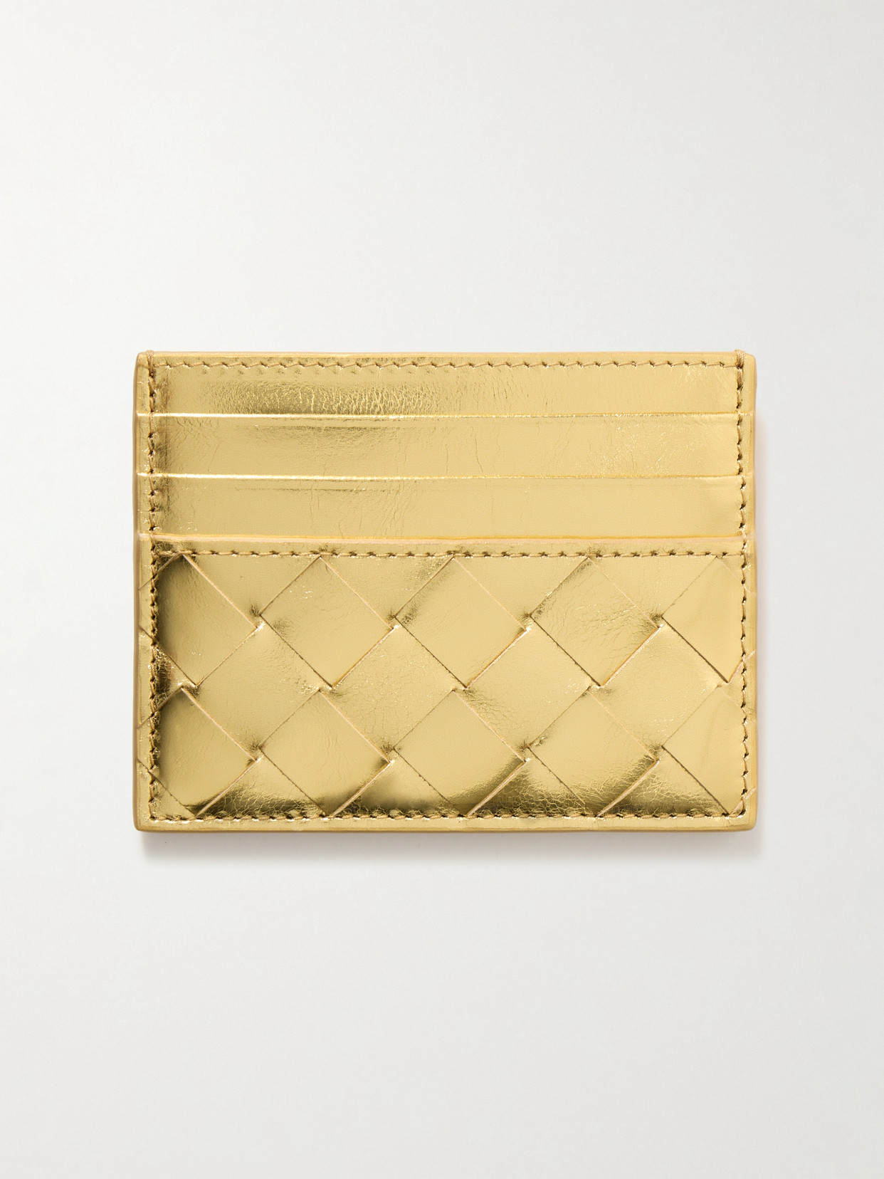 Bottega Veneta Metallic Intrecciato Leather Cardholder In Gold