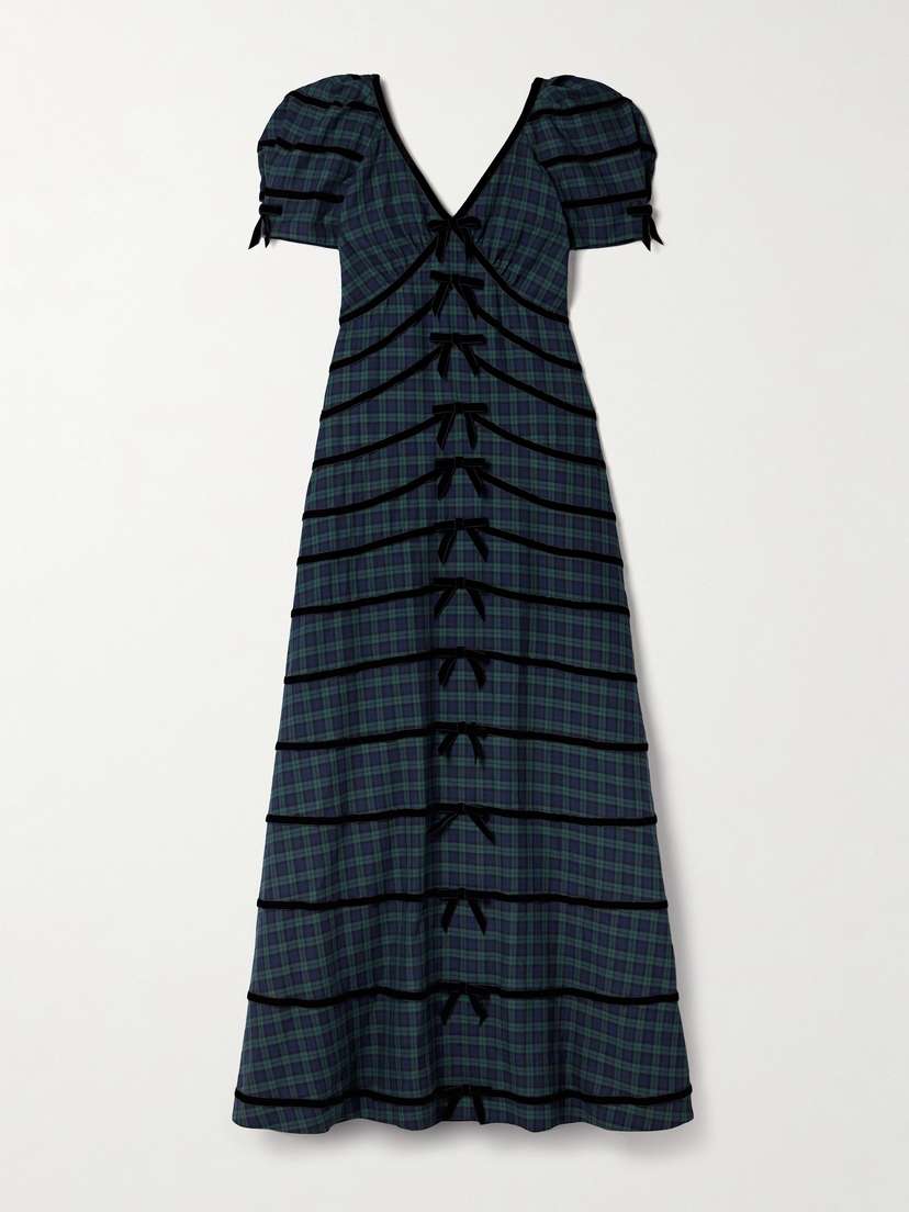 The Vampire's Wife The Alice Bow-embellished Velvet-trimmed Checked Cotton-twill Maxi Dress - UK 8