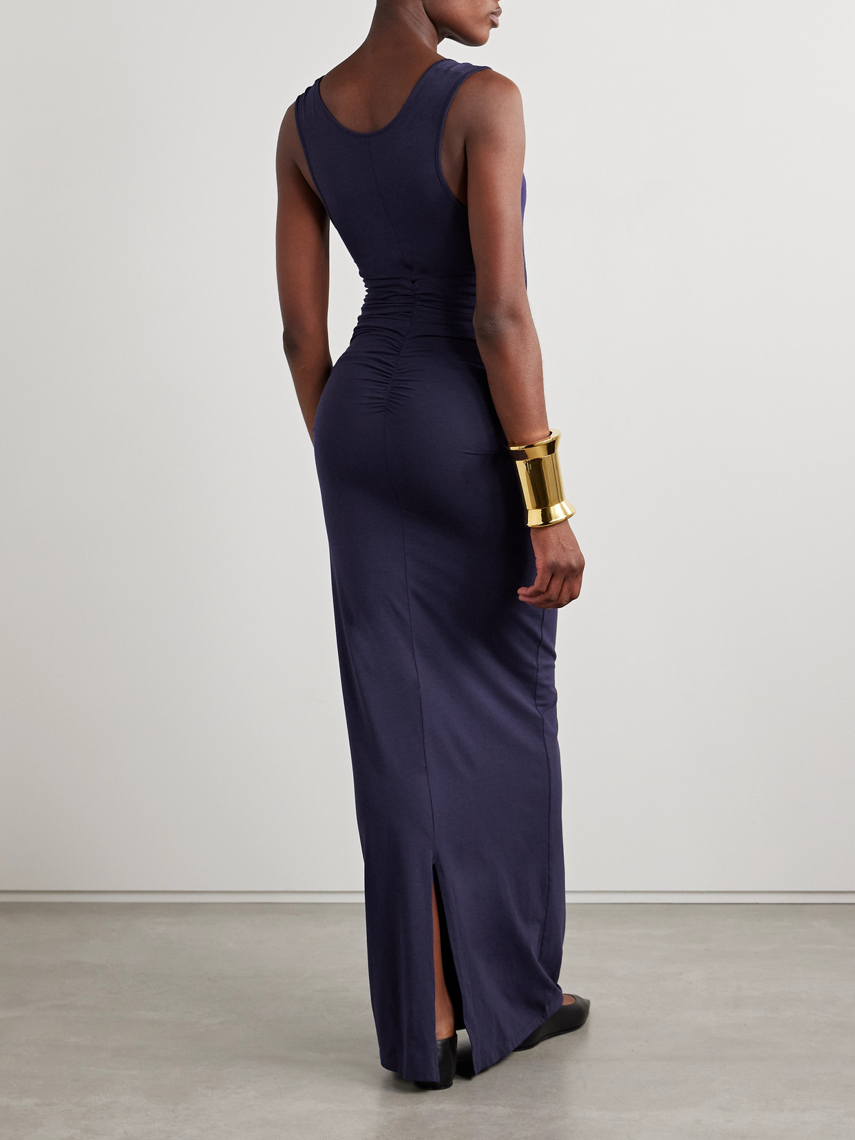 Shop Another Tomorrow Ruched Stretch-jersey Maxi Dress In Blue