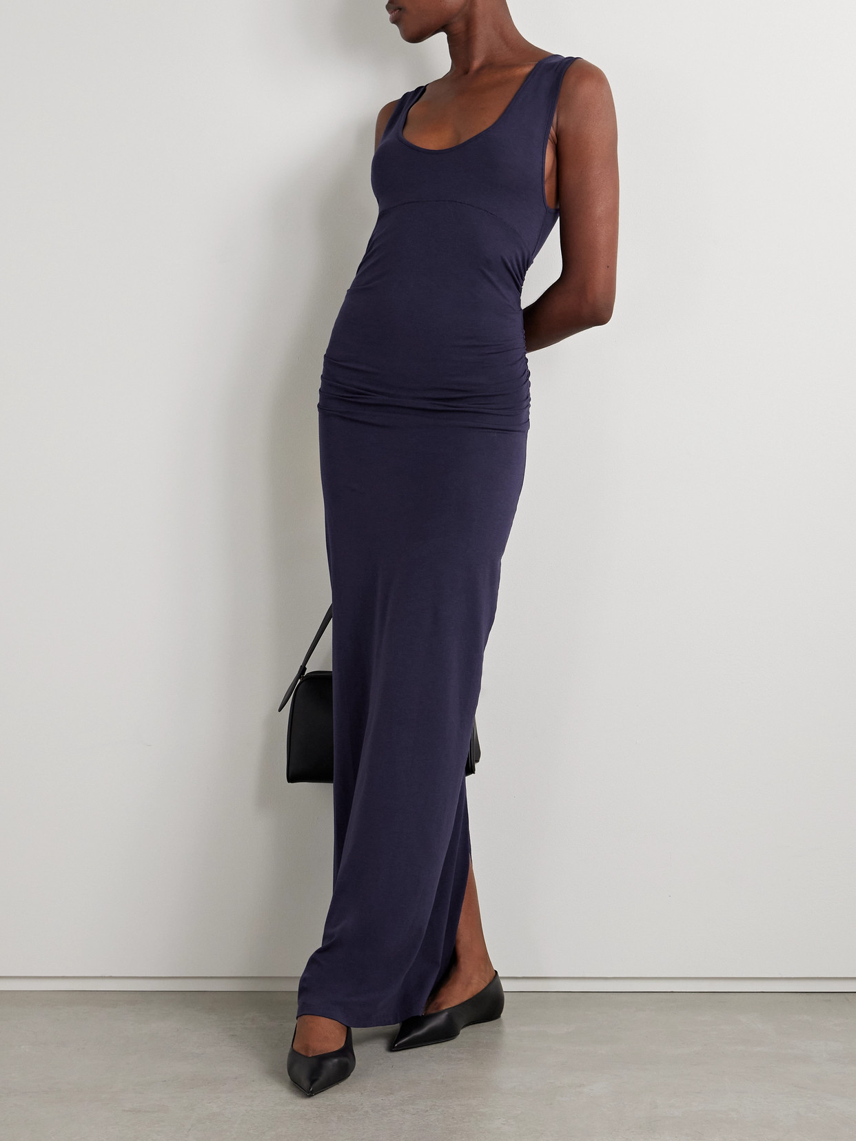 Shop Another Tomorrow Ruched Stretch-jersey Maxi Dress In Blue