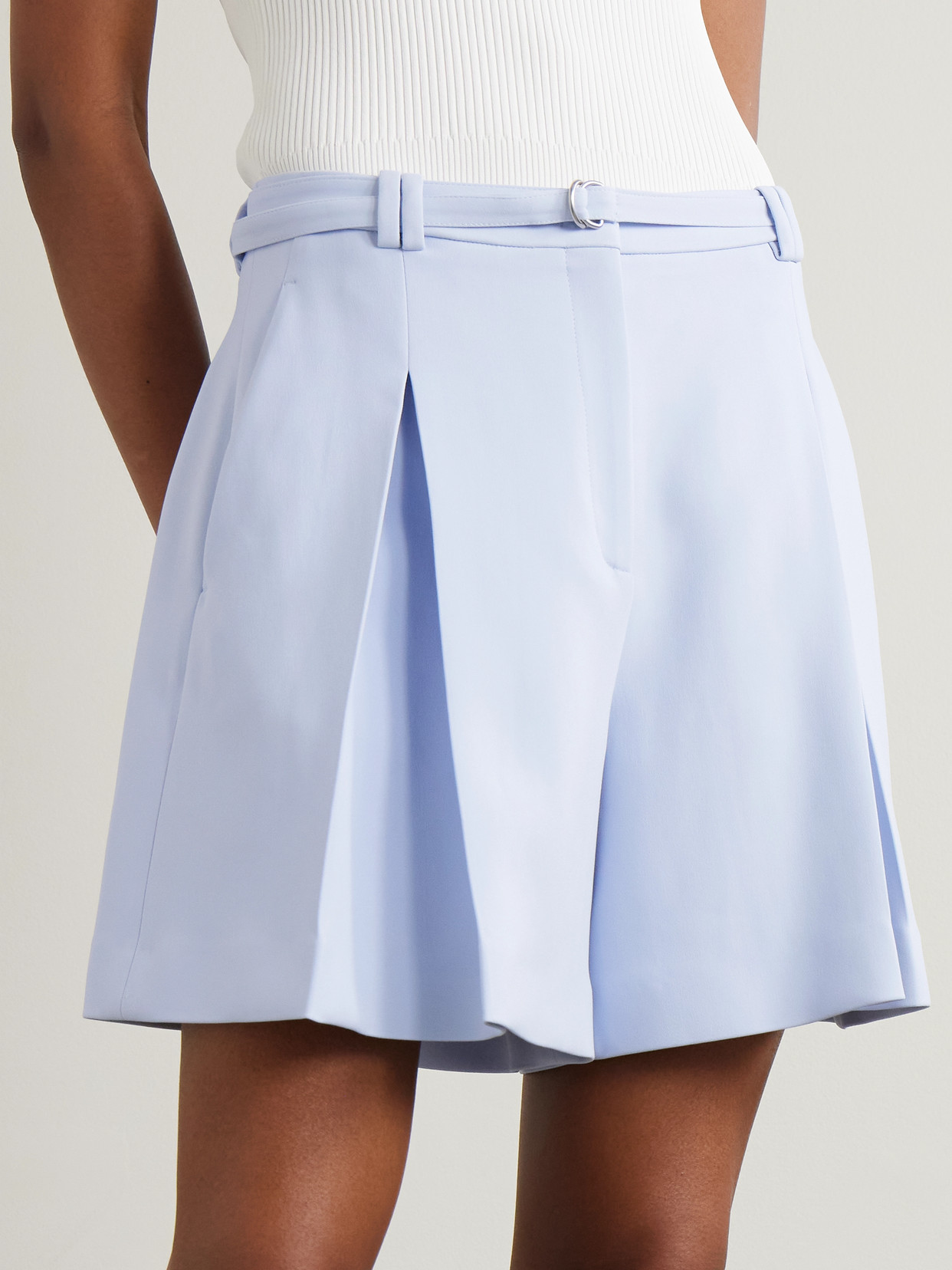 Another Tomorrow Belted Pleated Crepe Shorts In Blue