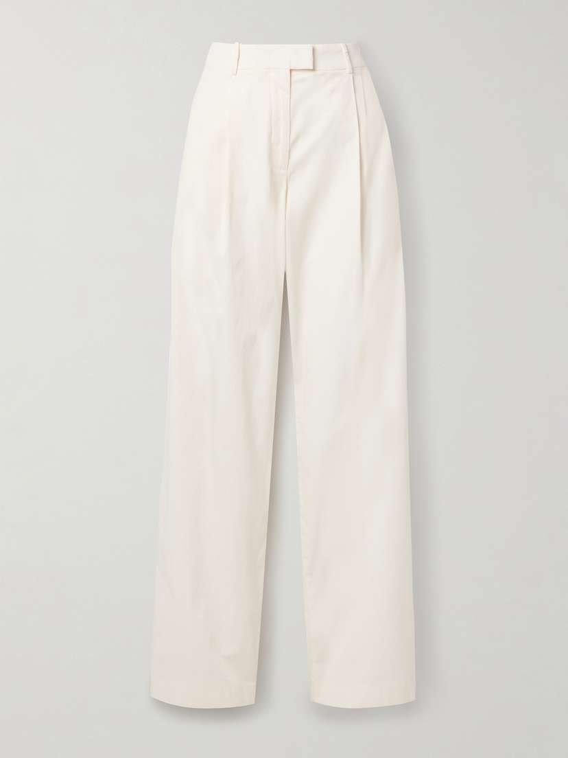 Another Tomorrow Pleated Organic Cotton-blend Poplin Wide-leg Pants