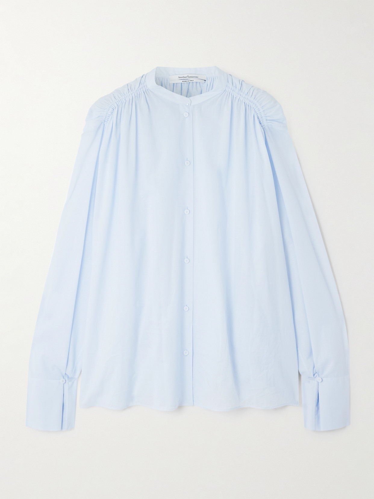 Shop Another Tomorrow Gathered Organic Cotton-voile Shirt In Blue