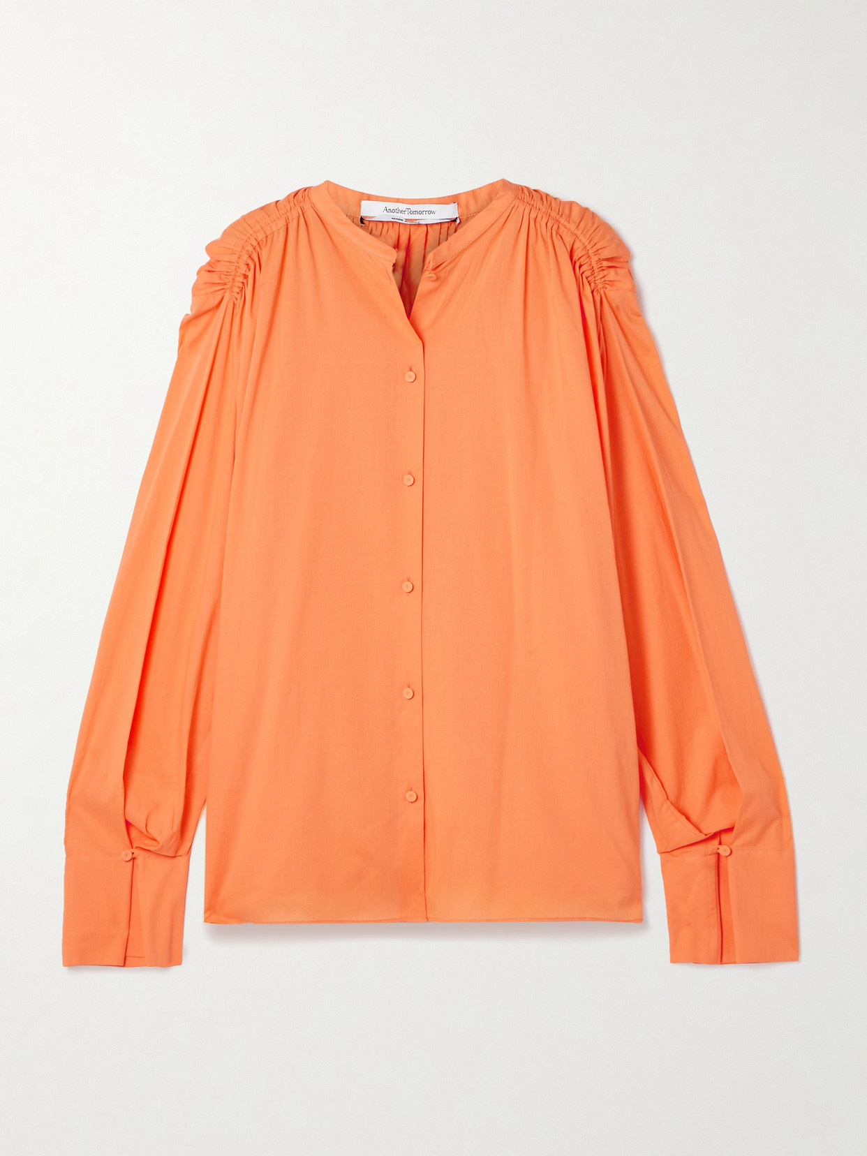 Another Tomorrow Gathered Cotton-voile Shirt In Orange
