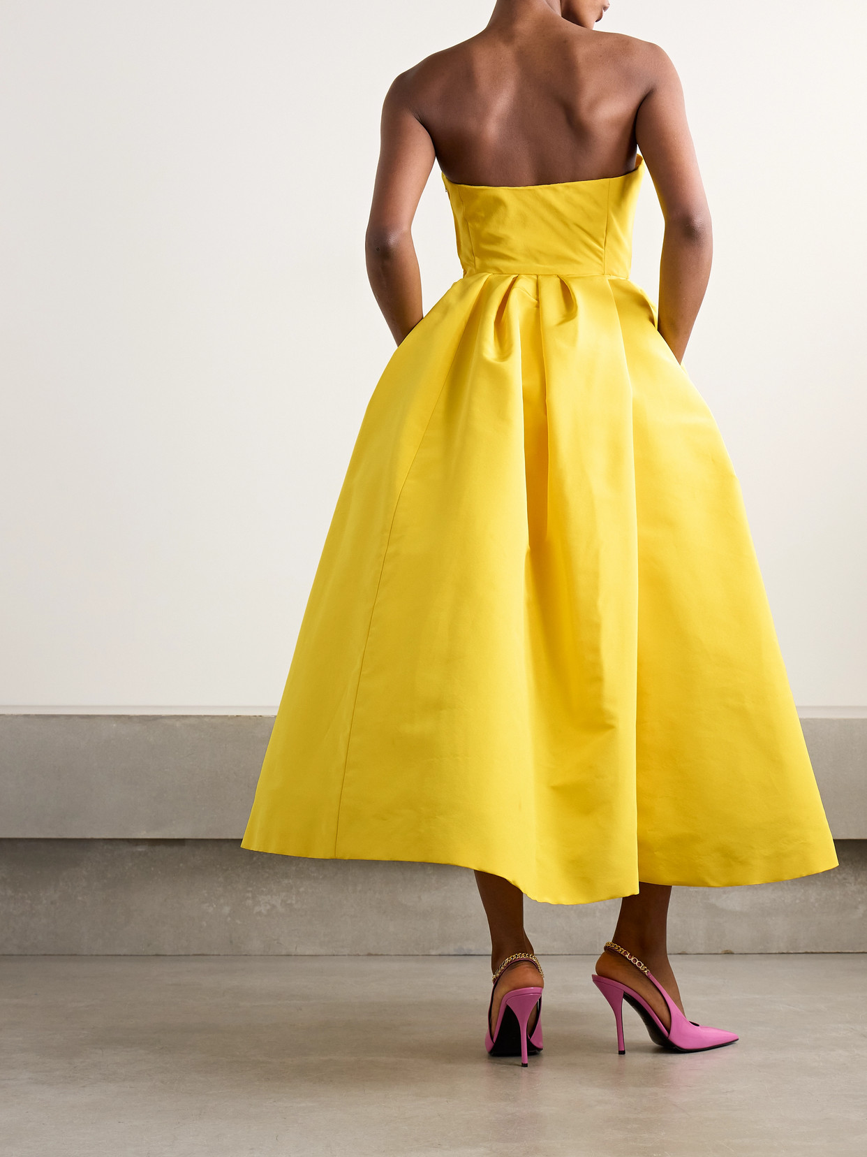 Shop Carolina Herrera Strapless Pleated Faille Gown In Yellow
