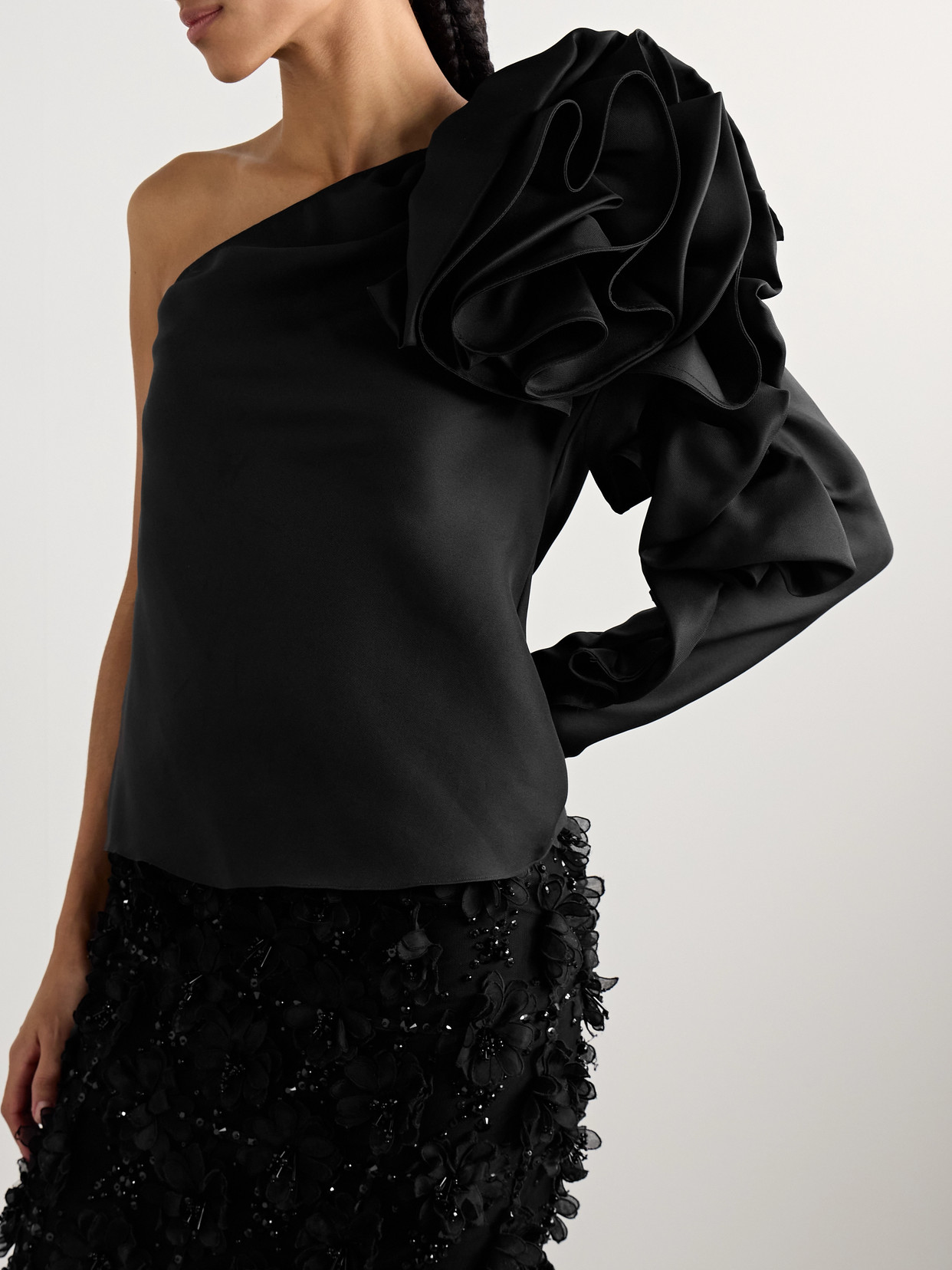 One-Sleeve Ruffled Silk-Gazar Top