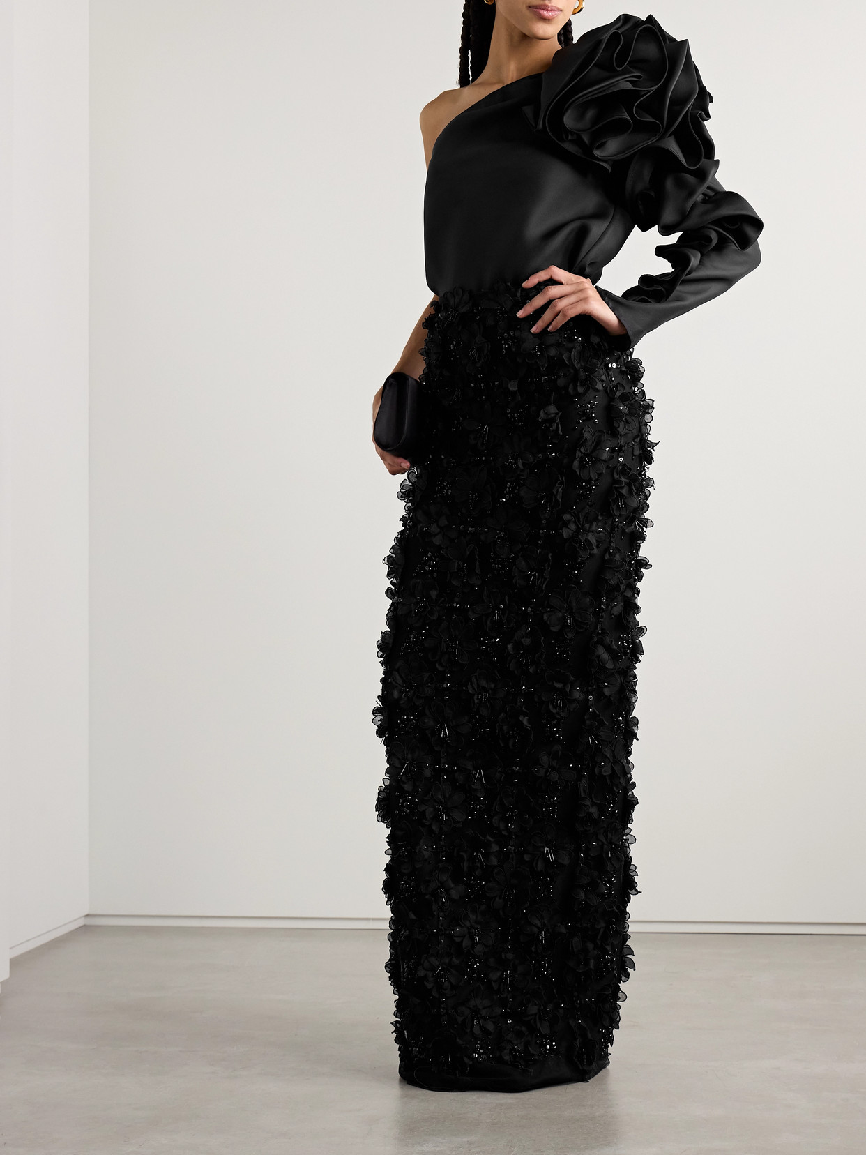 One-Sleeve Ruffled Silk-Gazar Top