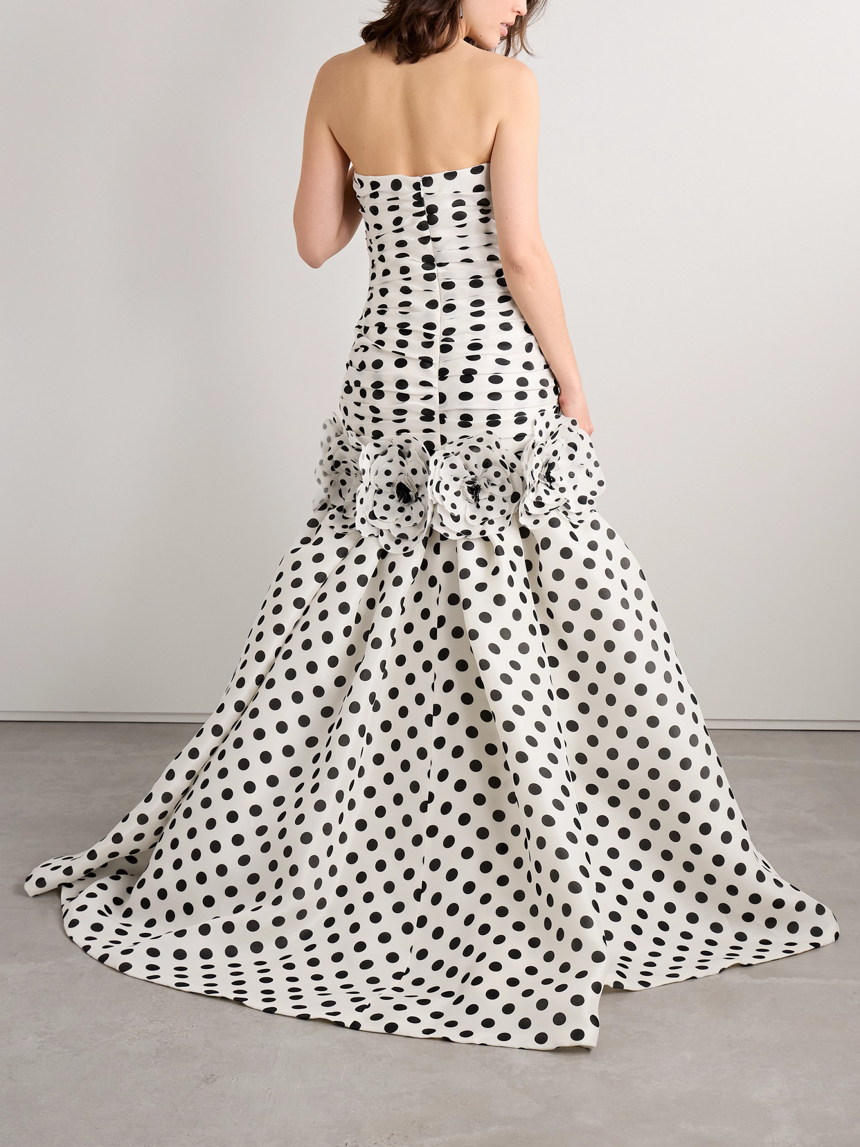 Carolina Herrera Strapless Appliquéd Gathered Polka-dot Silk-gazar Gown In Ivory