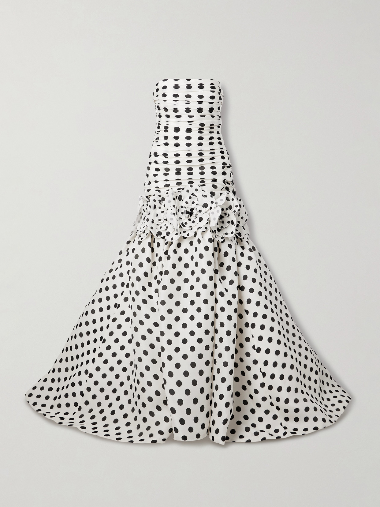 Carolina Herrera Strapless Appliquéd Gathered Polka-dot Silk-gazar Gown In Ivory