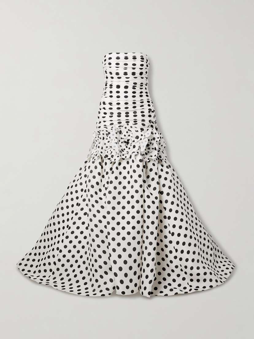 Carolina Herrera Strapless Appliquéd Gathered Polka-dot Silk-gazar Gown