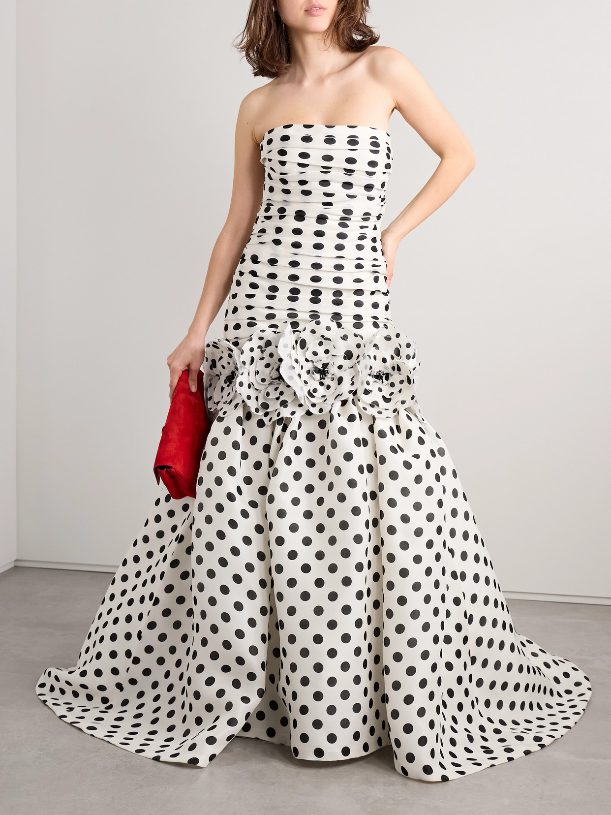 Carolina Herrera Strapless Appliquéd Gathered Polka-dot Silk-gazar Gown In Ivory