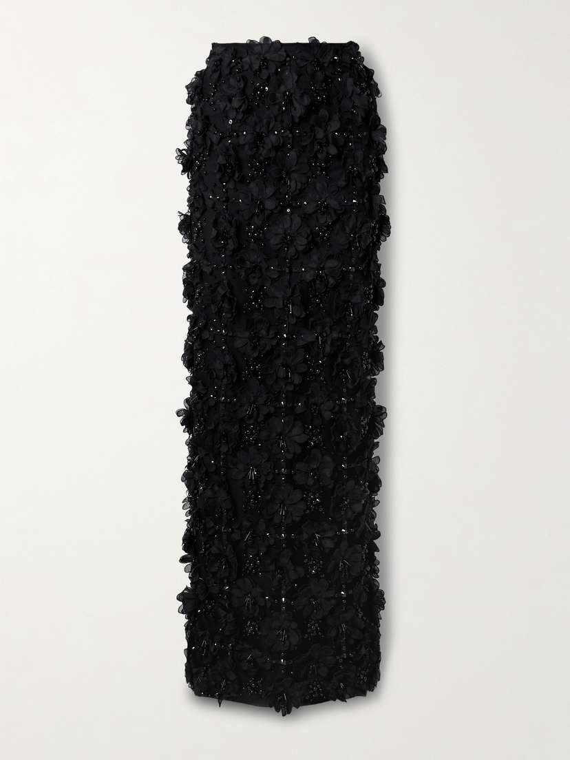 Carolina Herrera Appliquéd Bead-embellished Tulle Maxi Skirt