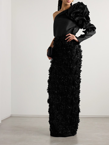 Carolina Herrera Appliquéd bead-embellished tulle maxi skirt