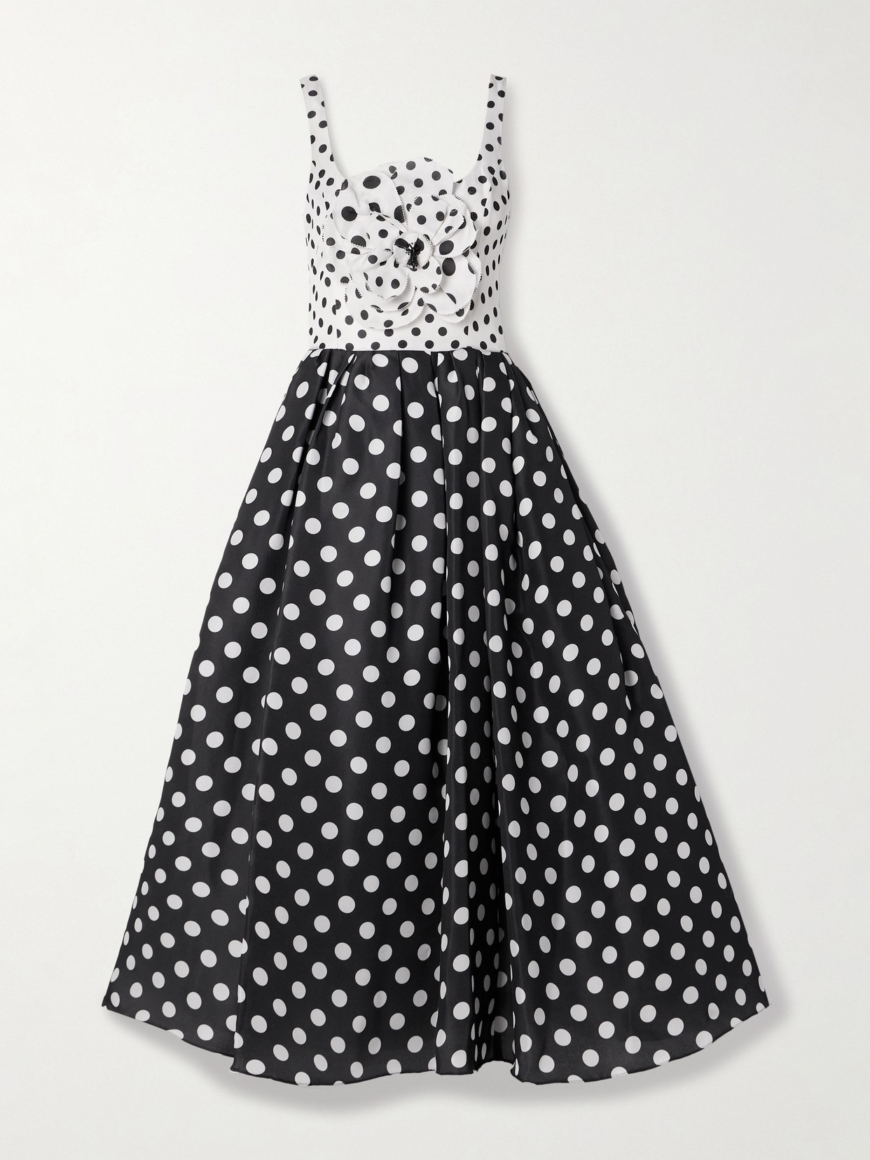 Carolina Herrera Polka-dot Flower Sleeveless Tea-length Dress In Black