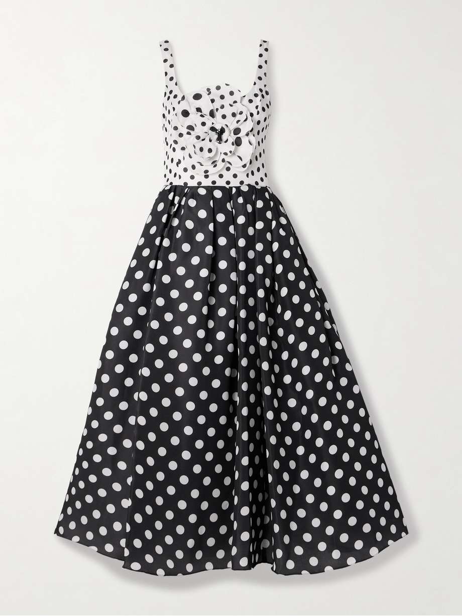 pleated appliquéd polka-dot silk-gazar gown
