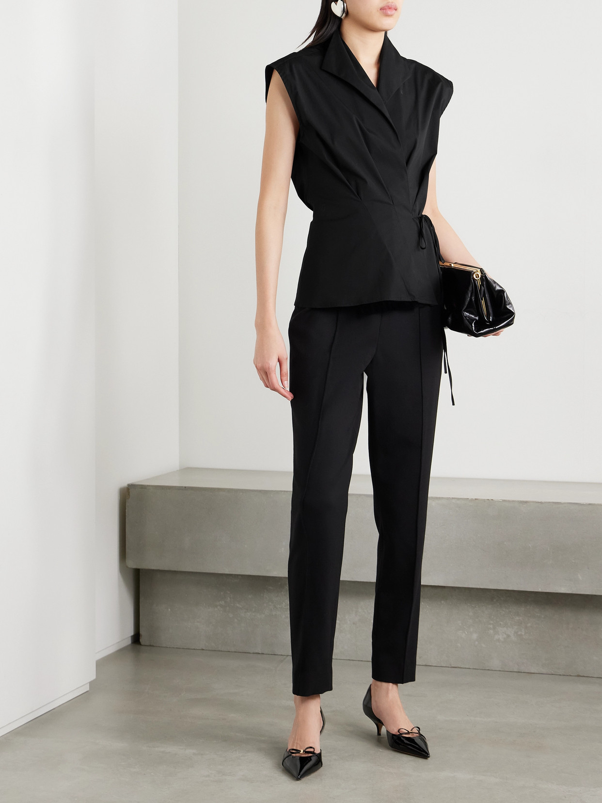 CAROLINA HERRERA PLEATED COTTON-BLEND POPLIN WRAP TOP