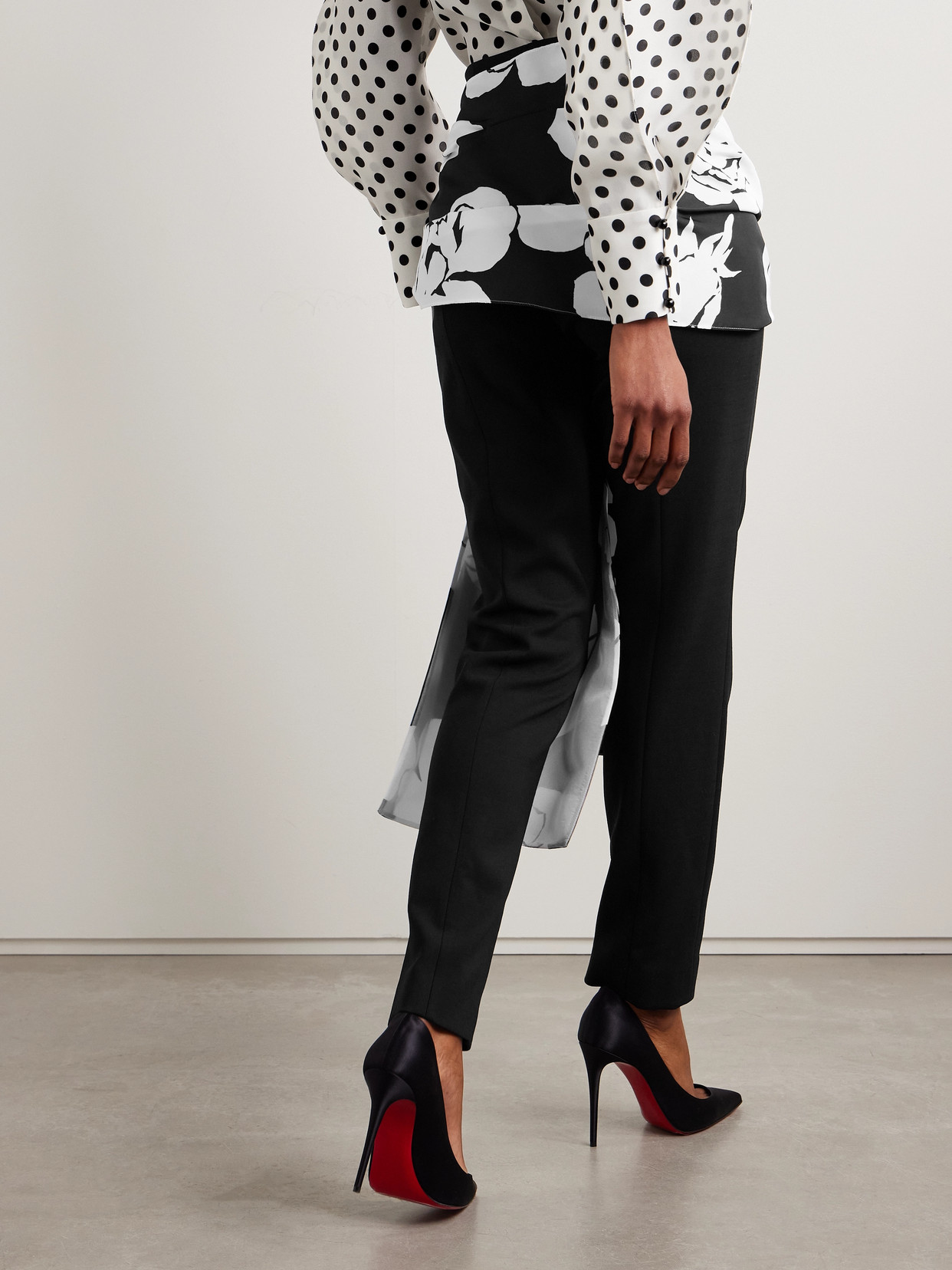 Shop Carolina Herrera Draped Floral-print Faille And Crepe Slim-leg Pants In Black