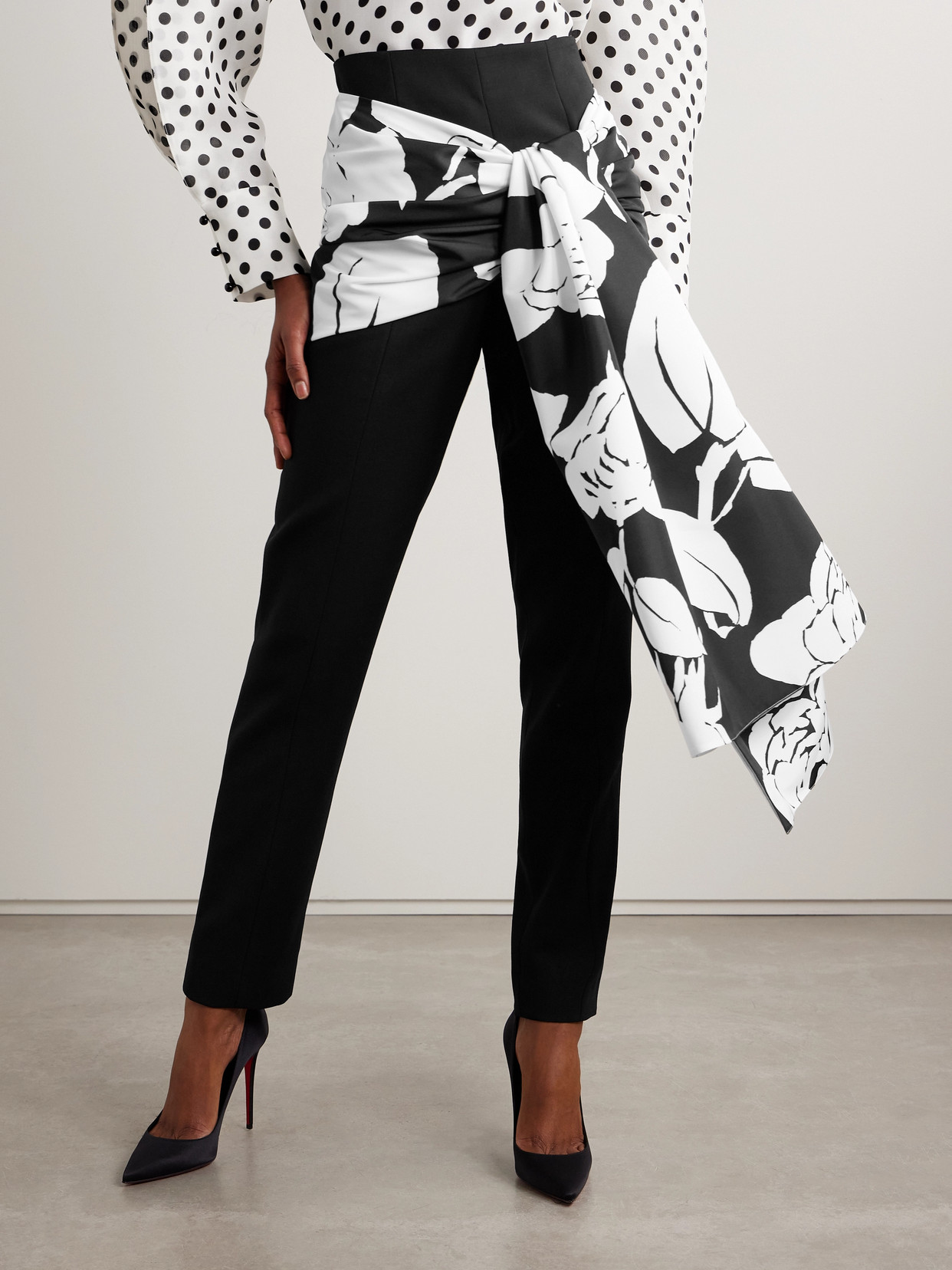 Shop Carolina Herrera Draped Floral-print Faille And Crepe Slim-leg Pants In Black