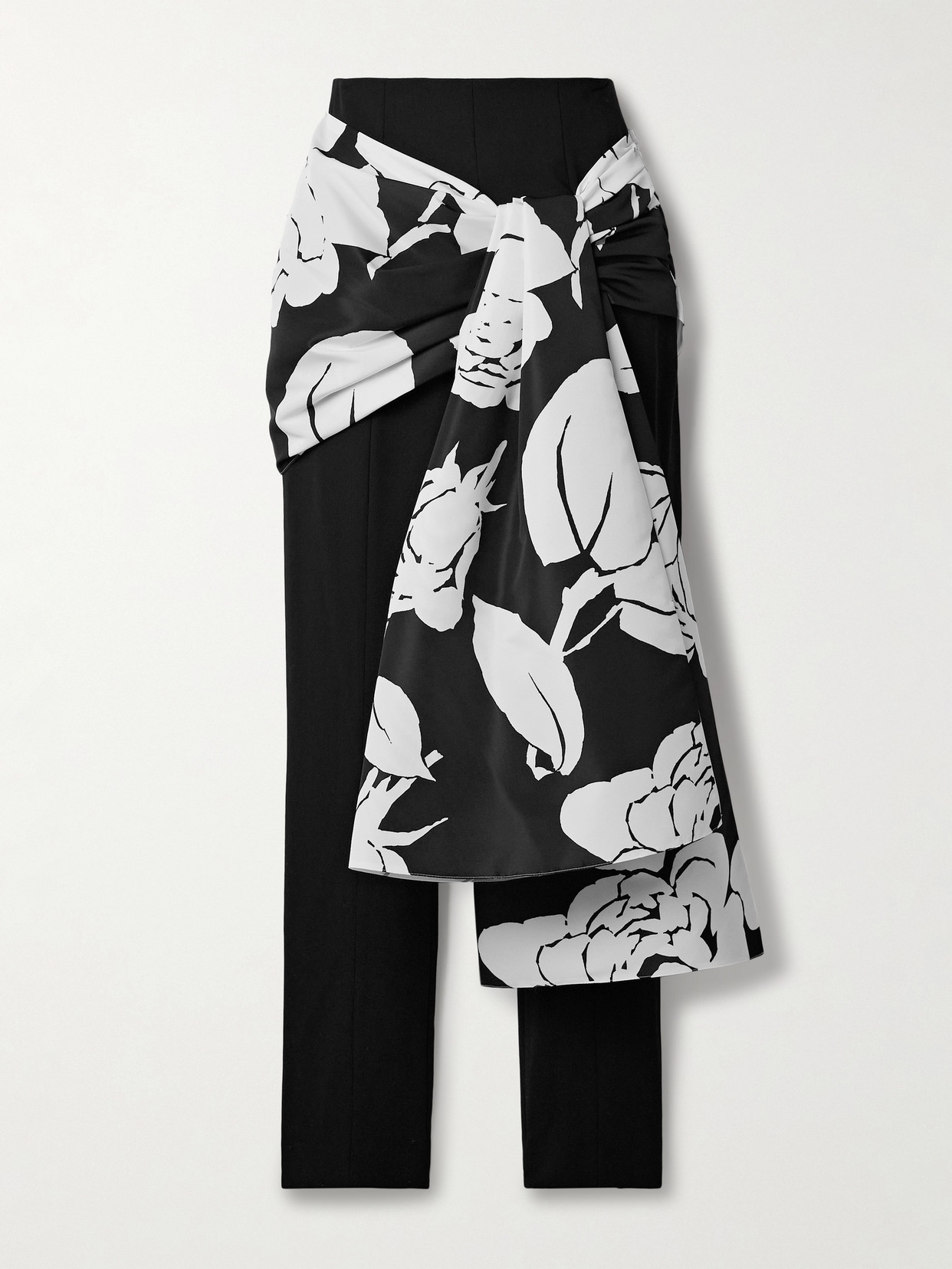 Shop Carolina Herrera Draped Floral-print Faille And Crepe Slim-leg Pants In Black