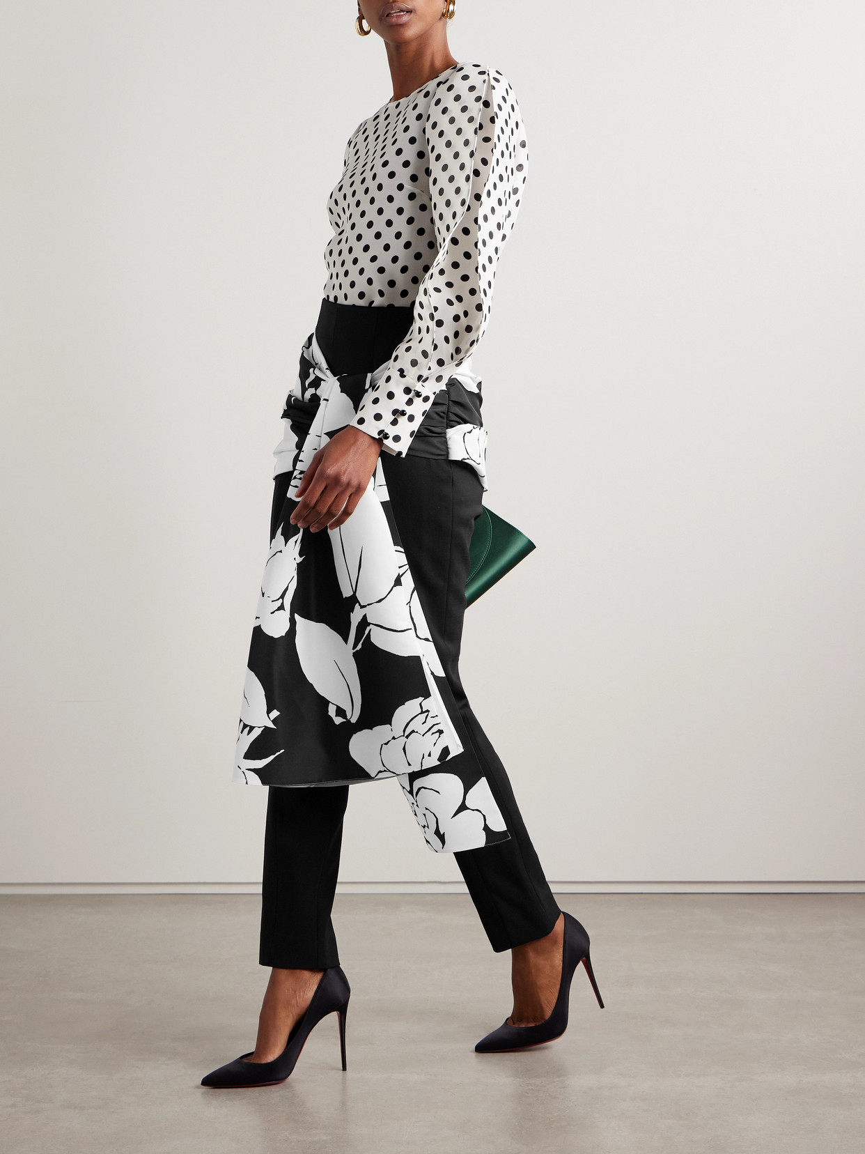 Shop Carolina Herrera Draped Floral-print Faille And Crepe Slim-leg Pants In Black