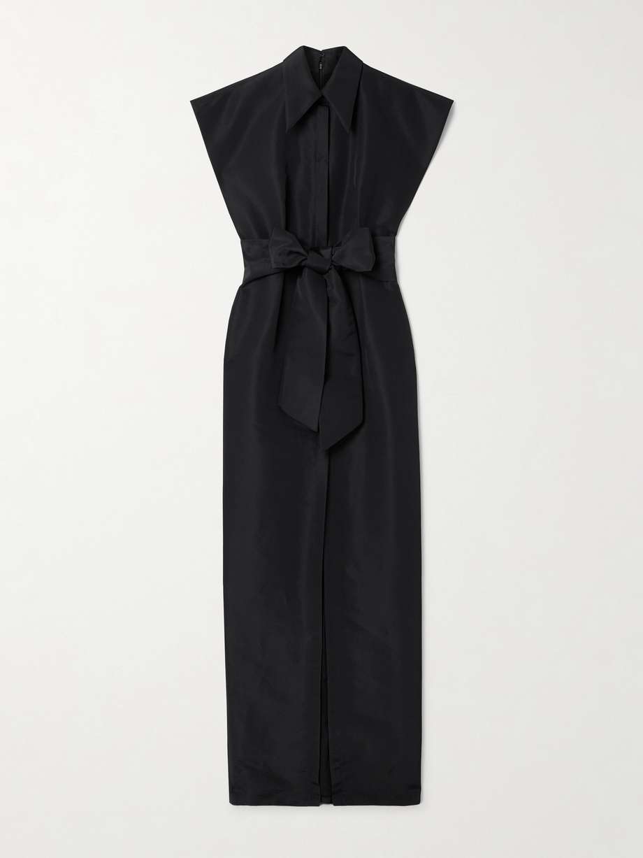 belted pleated silk-faille gown