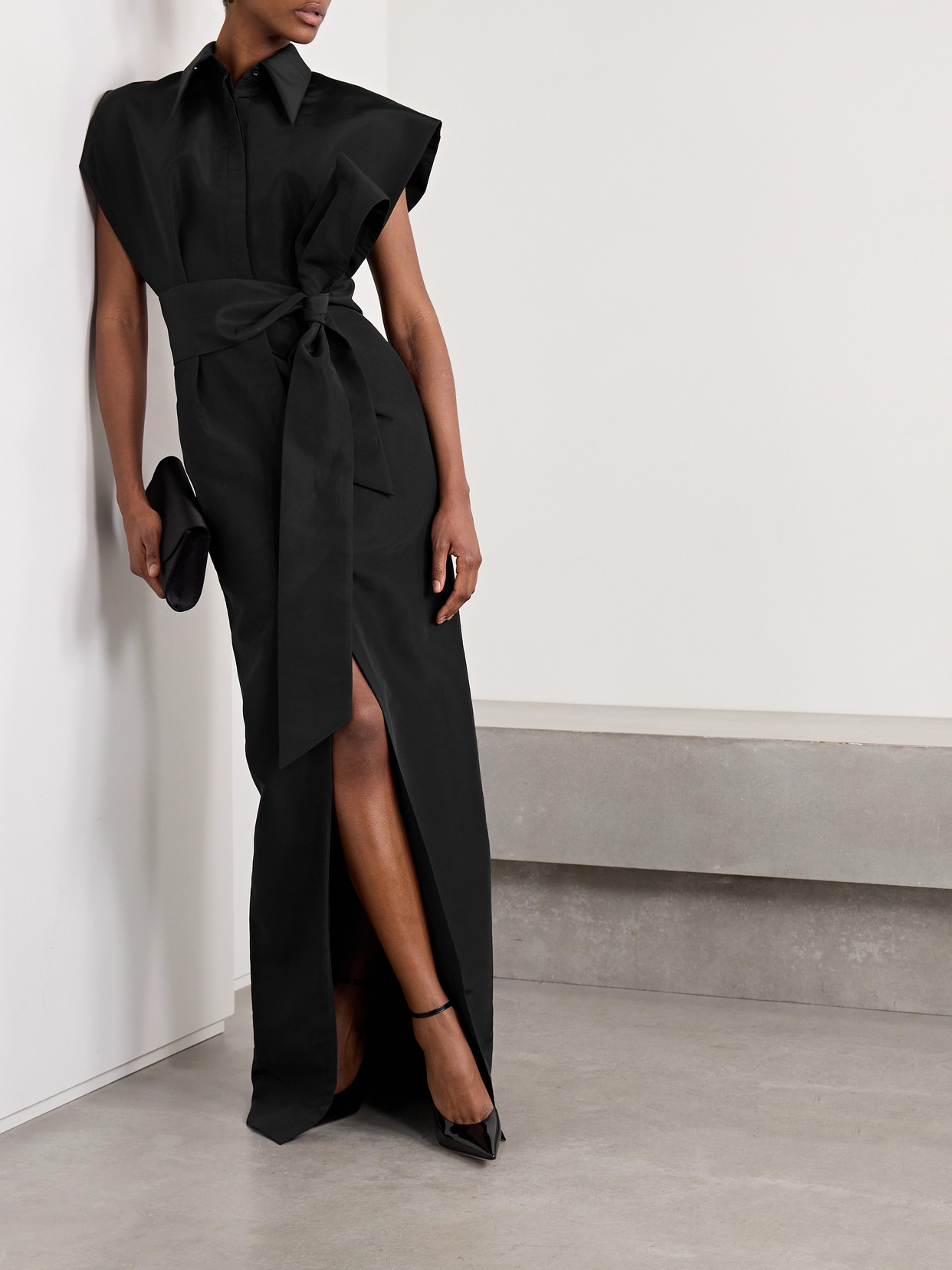 Carolina Herrera Belted Pleated Silk-faille Gown In Black