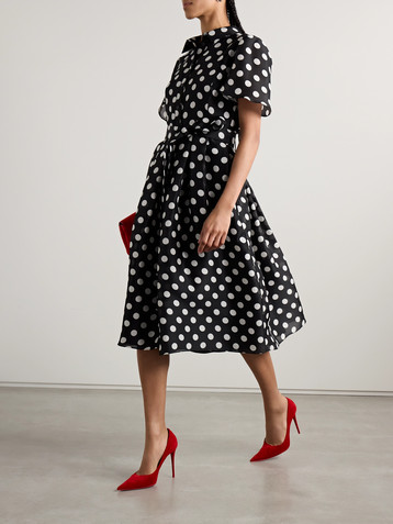 Carolina Herrera Belted pleated polka-dot silk-gazar midi shirt dress