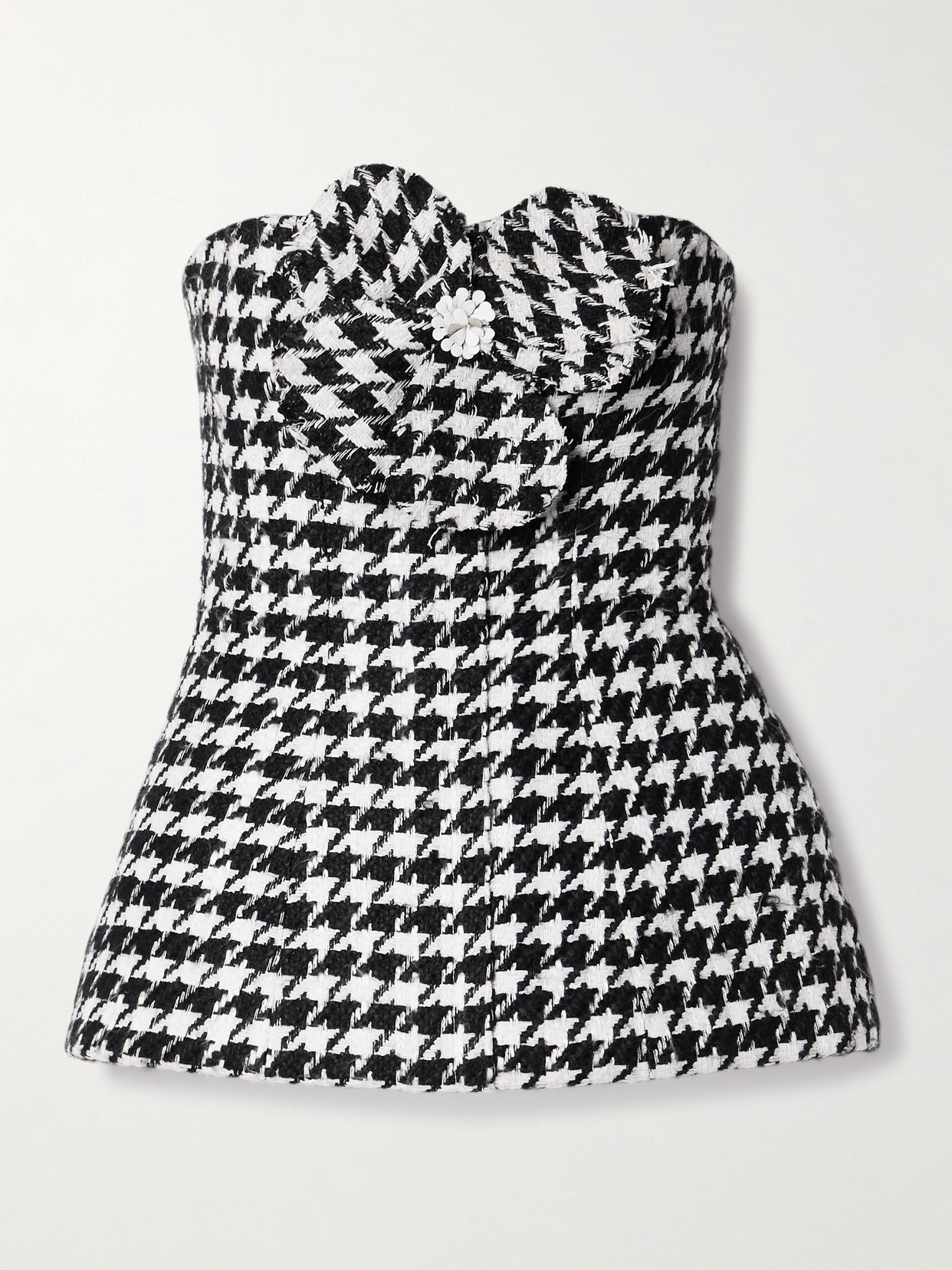 CAROLINA HERRERA STRAPLESS APPLIQUÉD HOUNDSTOOTH TWEED PEPLUM TOP