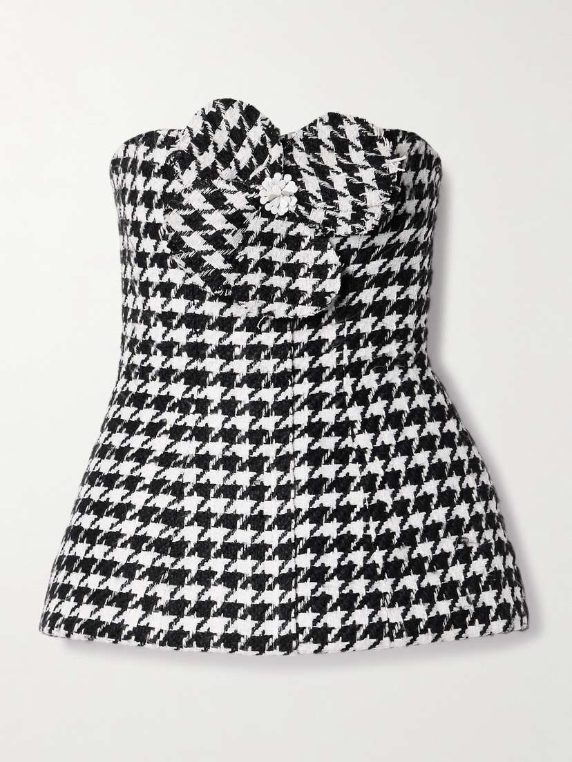 Carolina Herrera Strapless Appliquéd Houndstooth Tweed Peplum Top