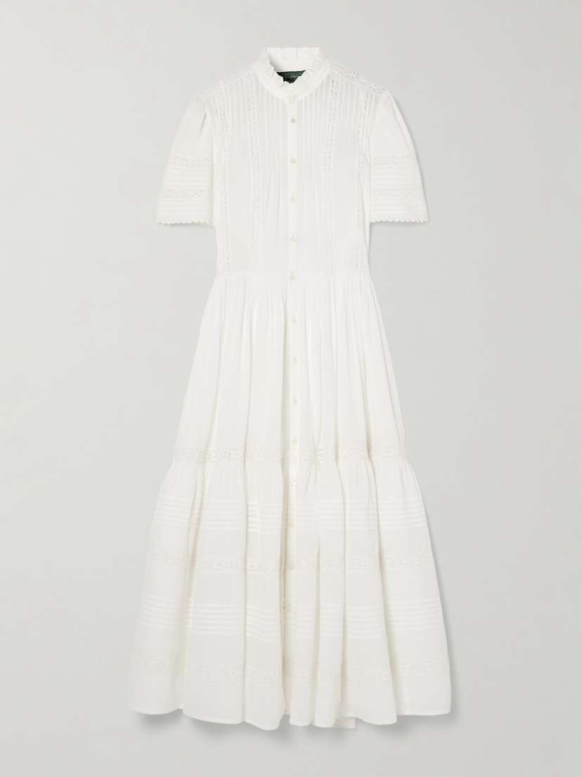 Polo Ralph Lauren Lace-trimmed Pintucked Cotton Midi Dress
