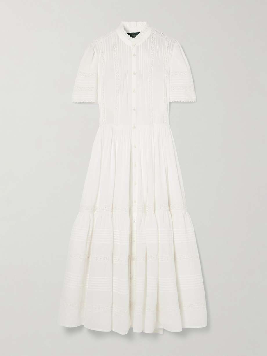 lace-trimmed pintucked cotton midi dress