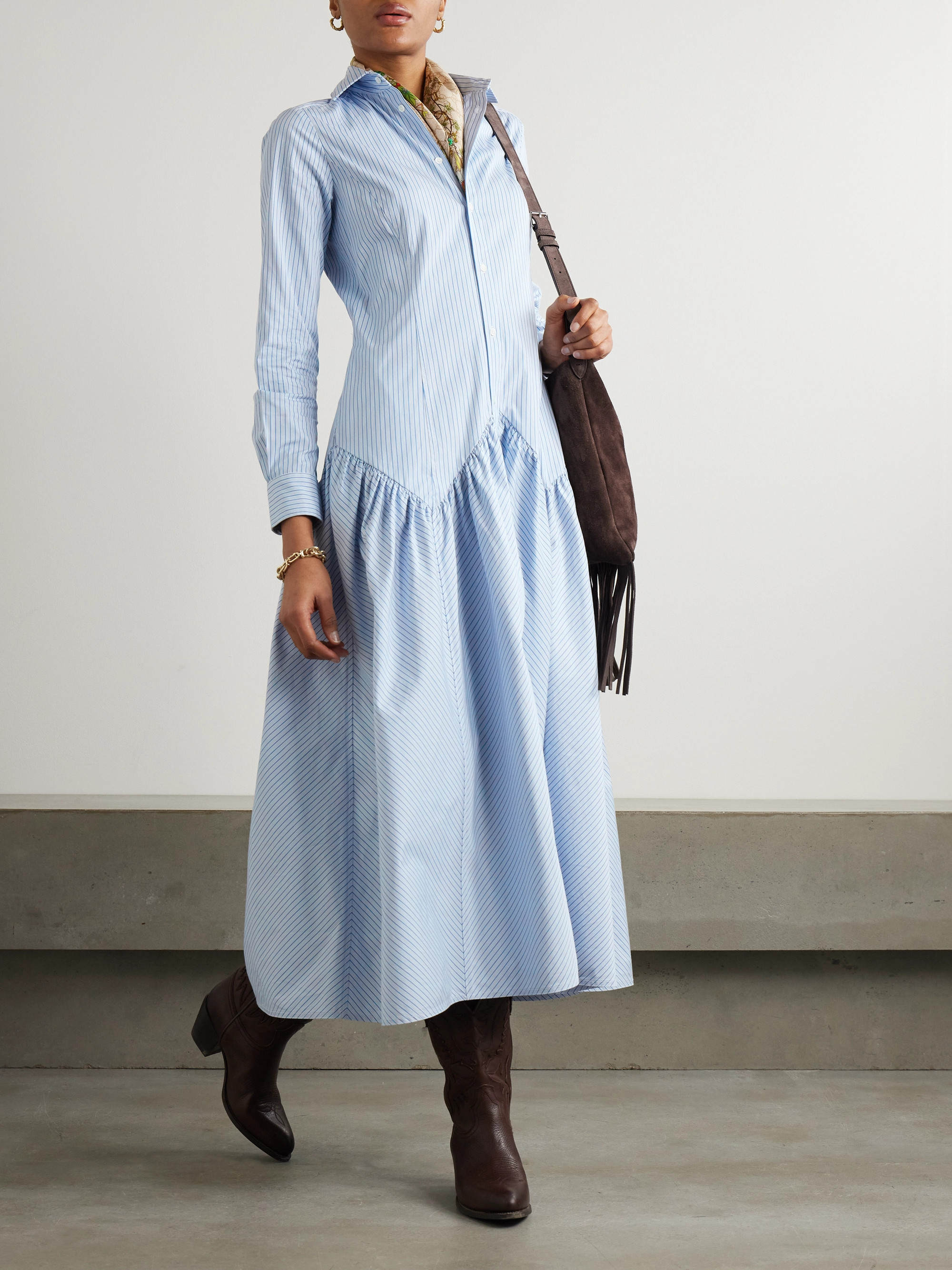 Polo Ralph Lauren Gathered striped cotton and modal-blend poplin shirt dress