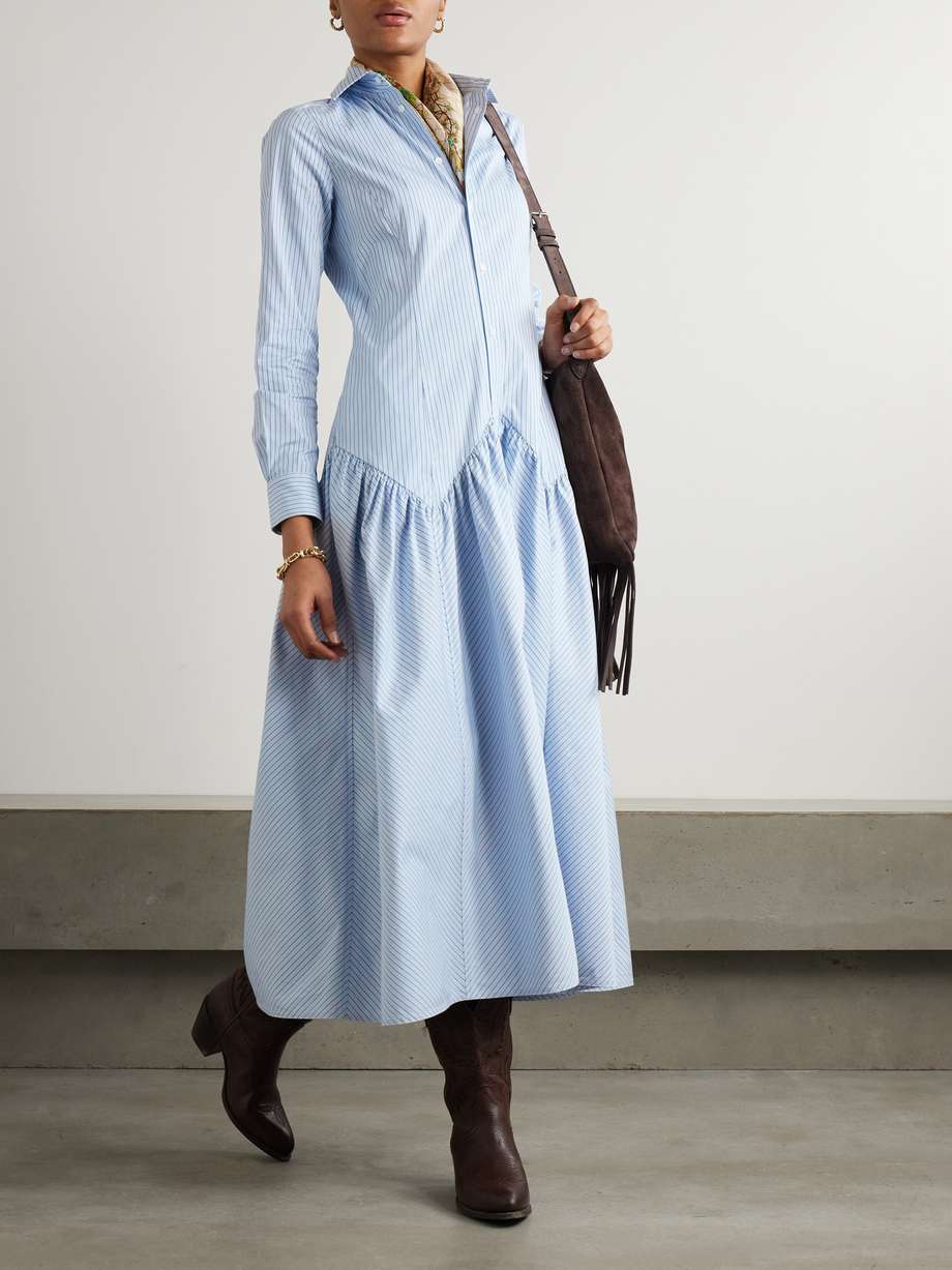gathered striped cotton and modal-blend poplin shirt dress
