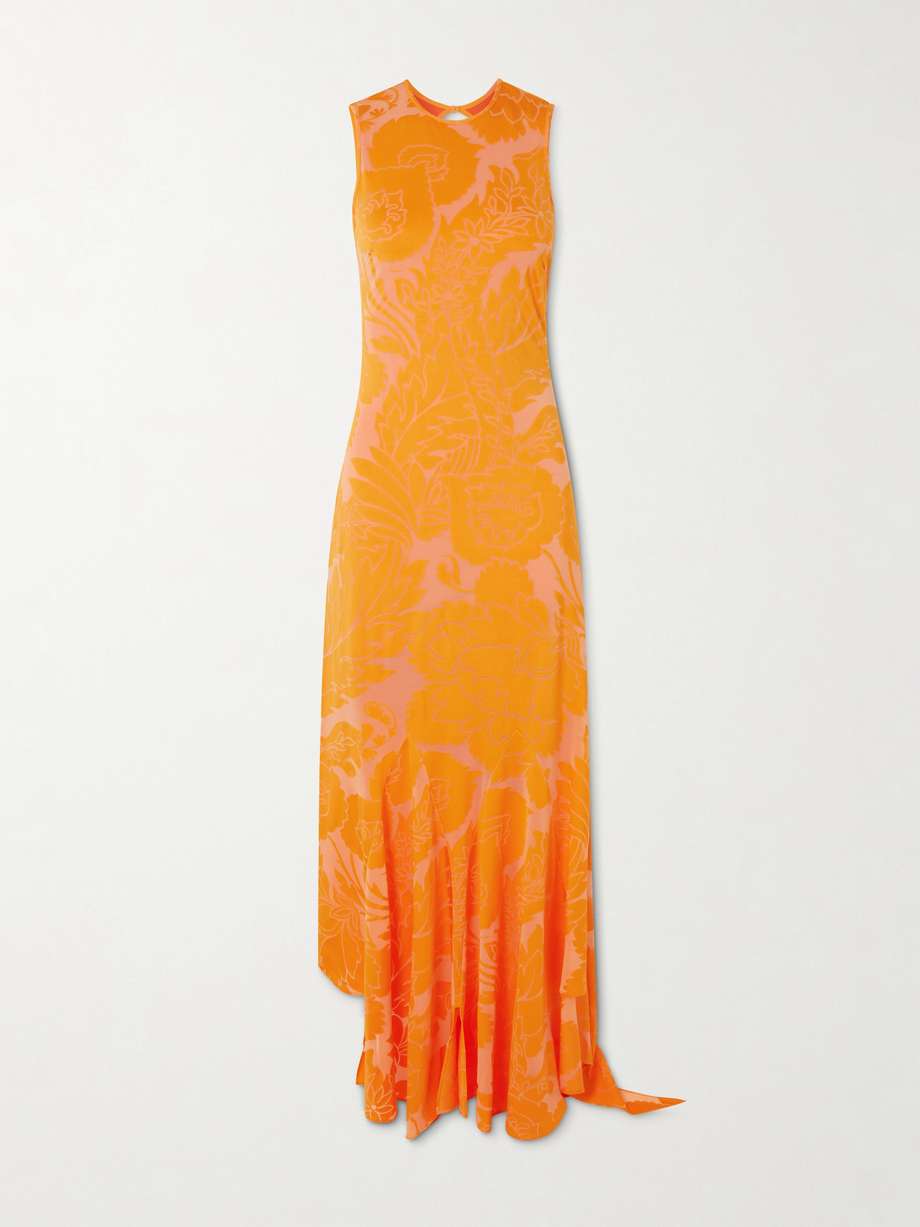 asymmetric open-back devoré-jersey maxi dress