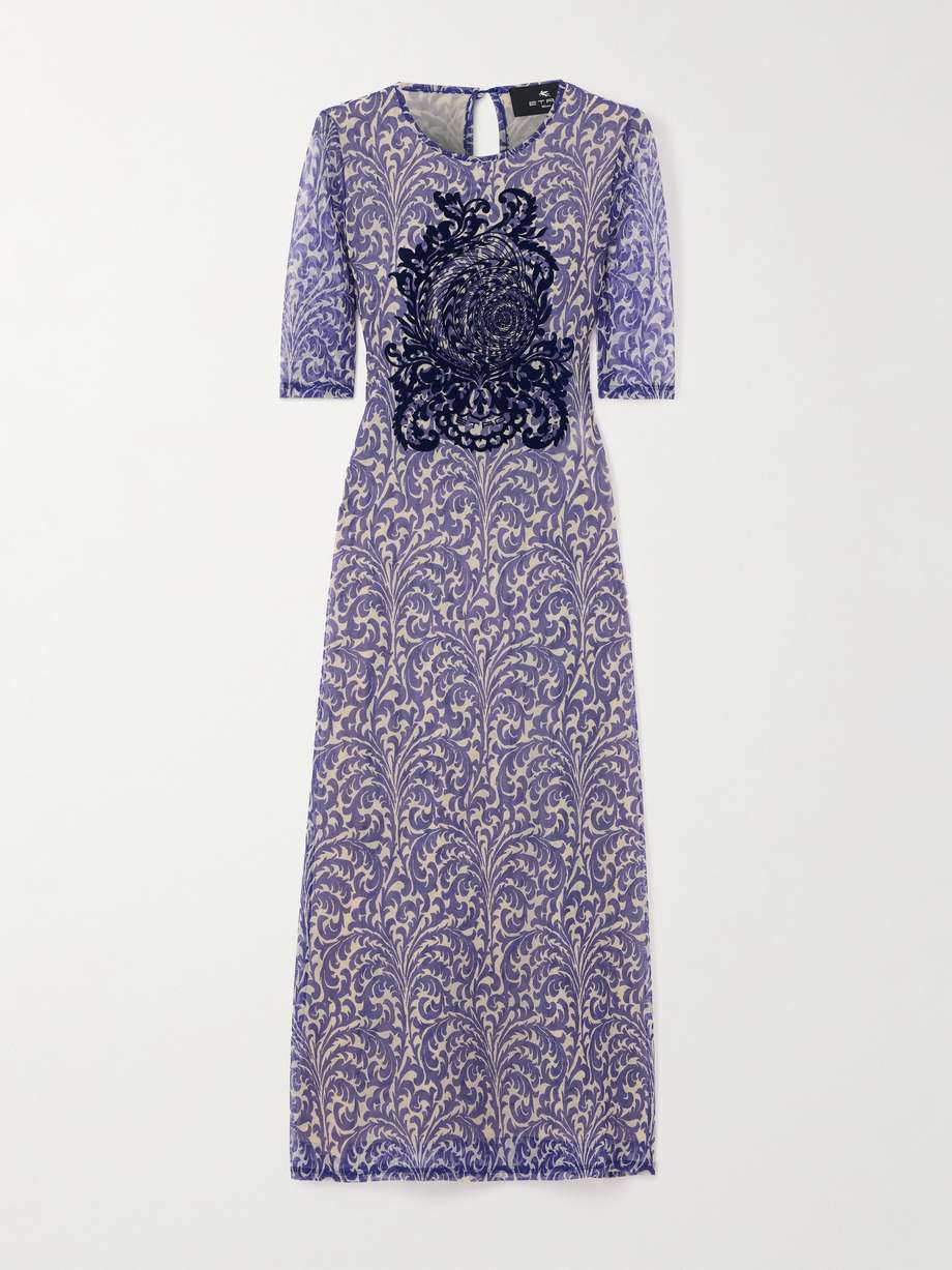 flocked printed mesh midi dress