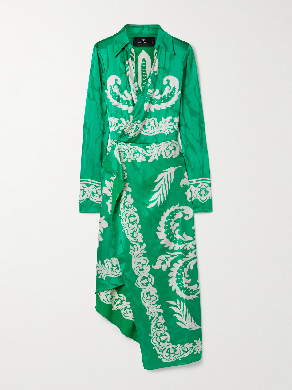 Etro - Wrap-effect Draped Printed Satin-jacquard Midi Dress - Green