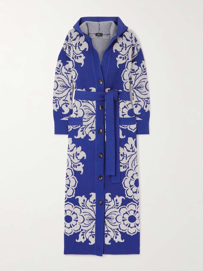 Etro Hooded Belted Waffle-knit Jacquard Cardigan