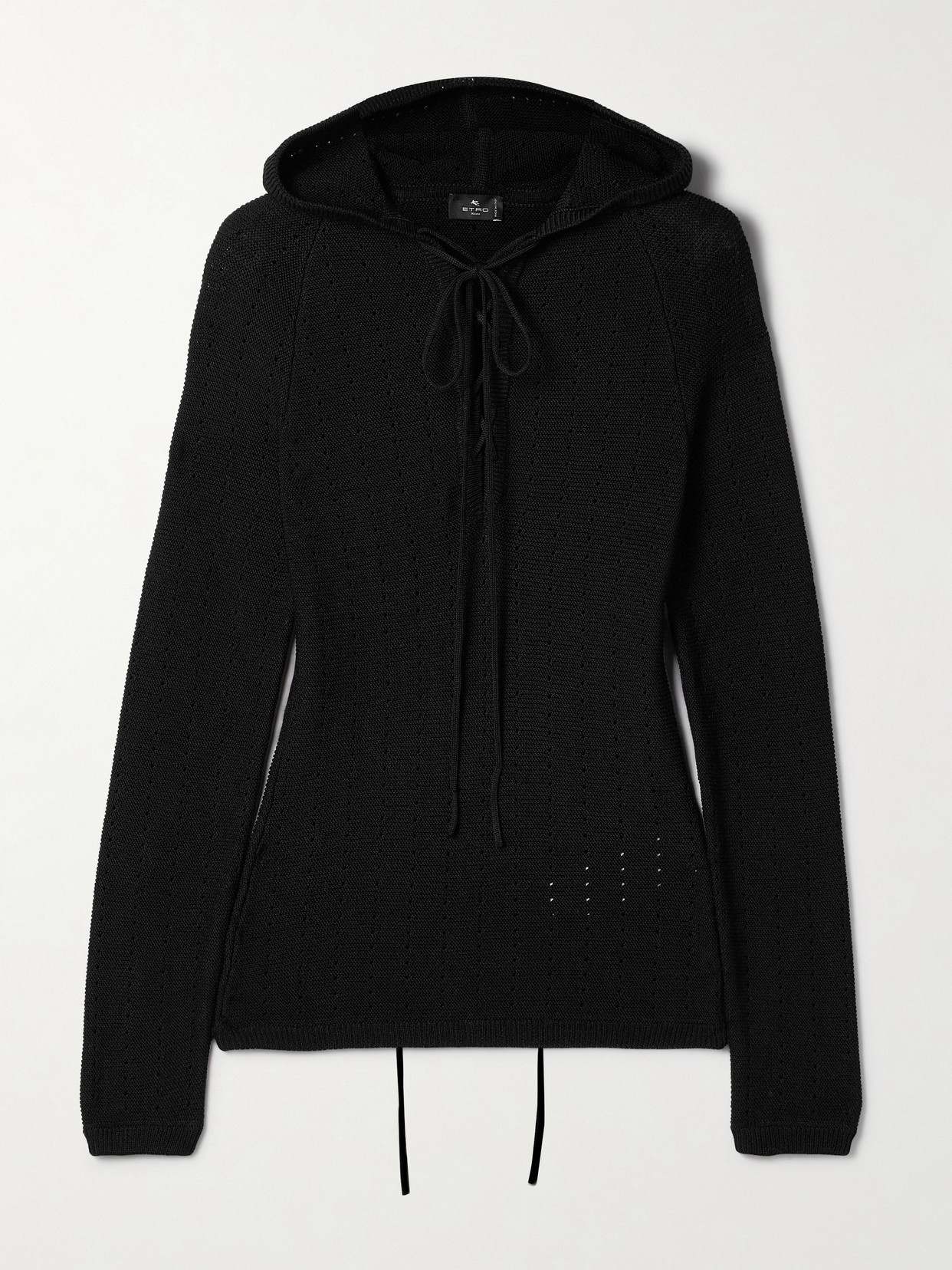 Etro Hooded Lace-up Pointelle-knit Silk-blend Sweater In Black