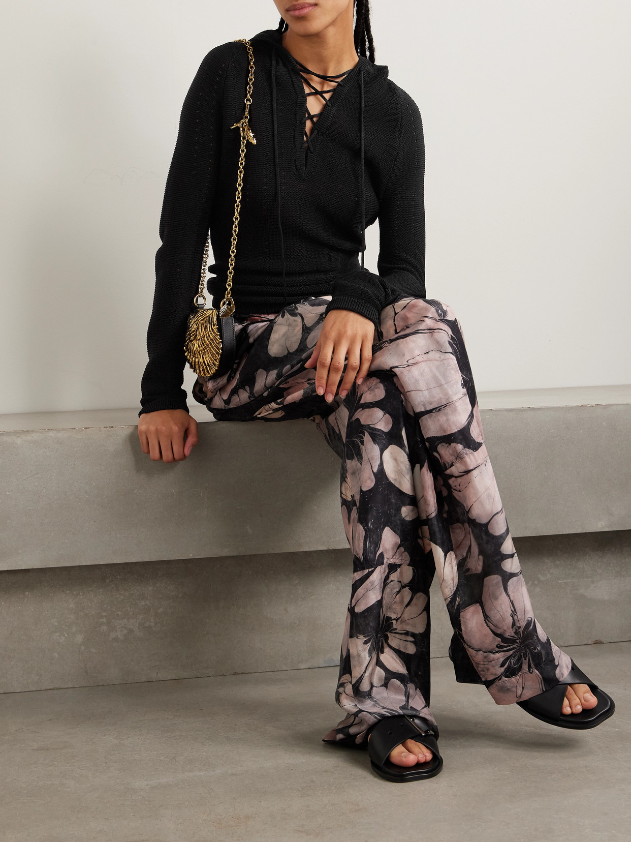 Etro Hooded Lace-up Pointelle-knit Silk-blend Sweater In Black