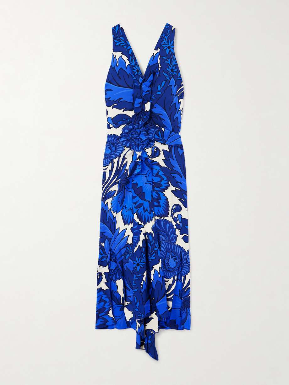 asymmetric ruffled printed jersey maxi dress