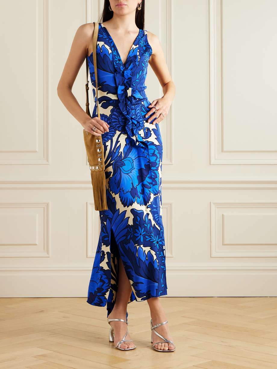 asymmetric ruffled printed jersey maxi dress