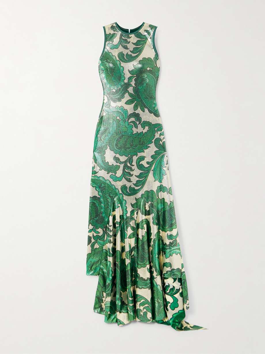 asymmetric open-back paisley-print sequined jersey dress