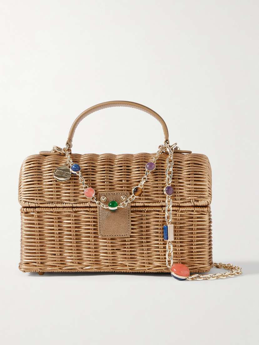 Judith Leiber Couture Isla Embellished Metallic Leather-trimmed Wicker Shoulder Bag