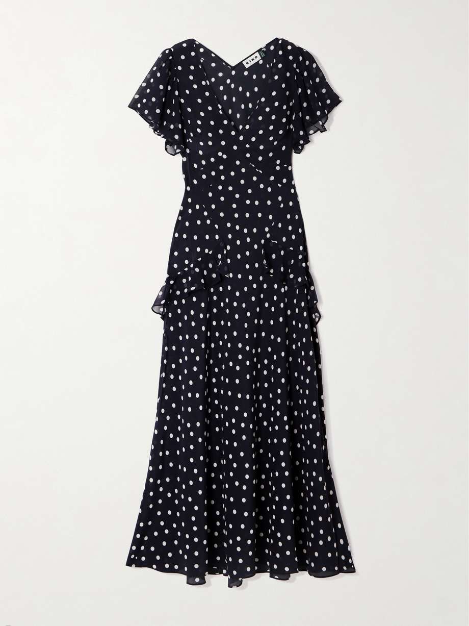 evie ruffled polka-dot silk-chiffon midi dress