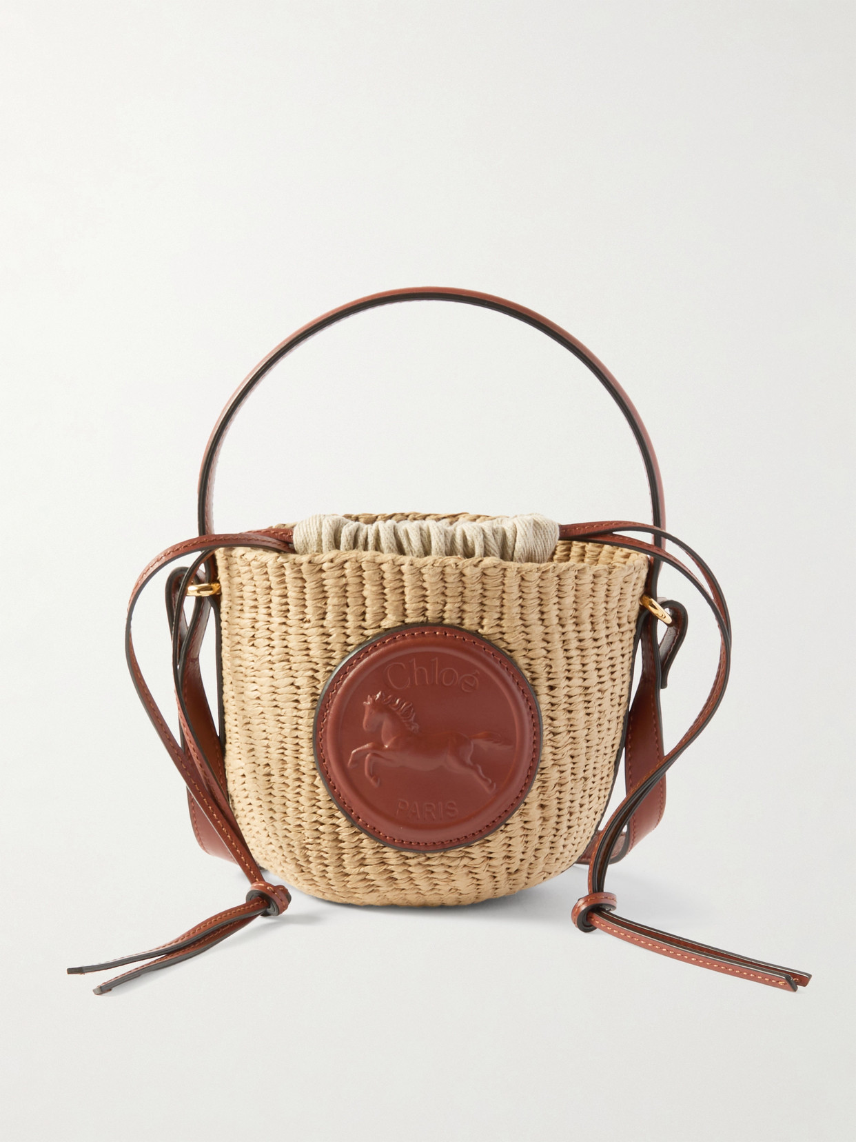 Chloé Embossed Leather-trimmed Faux Raffia Bucket Bag In Neutrals
