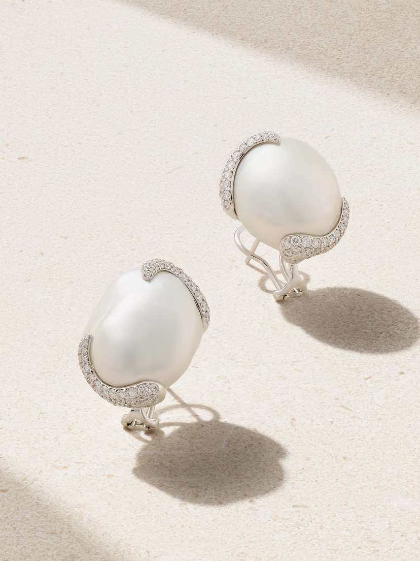 Mikimoto 18-karat White Gold, Pearl And Diamond Earrings