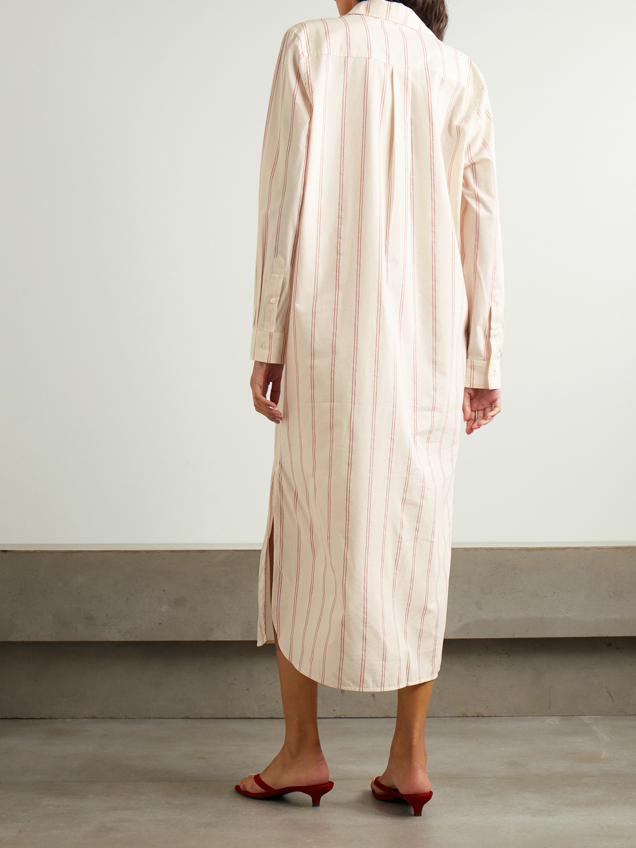 TOTÊME STRIPED COTTON AND SILK-BLEND MIDI SHIRT DRESS