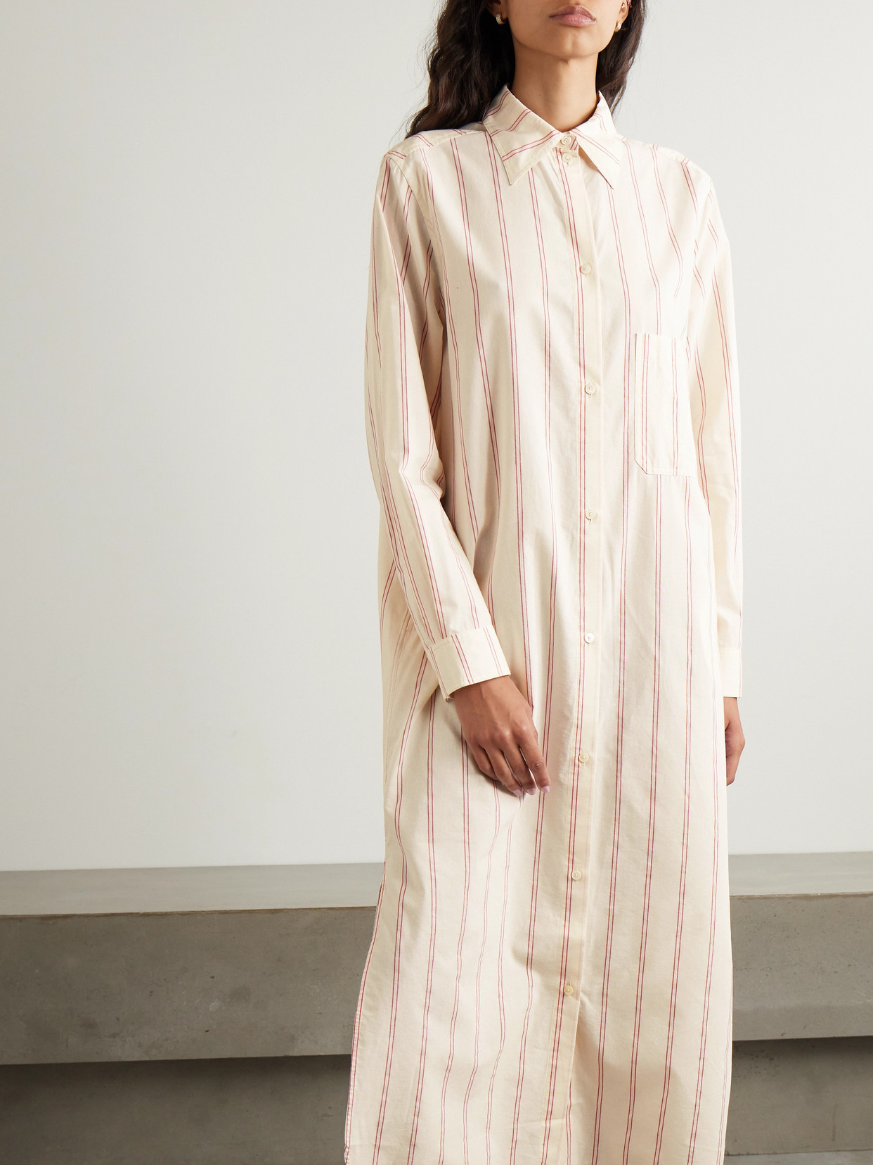 TOTÊME STRIPED COTTON AND SILK-BLEND MIDI SHIRT DRESS
