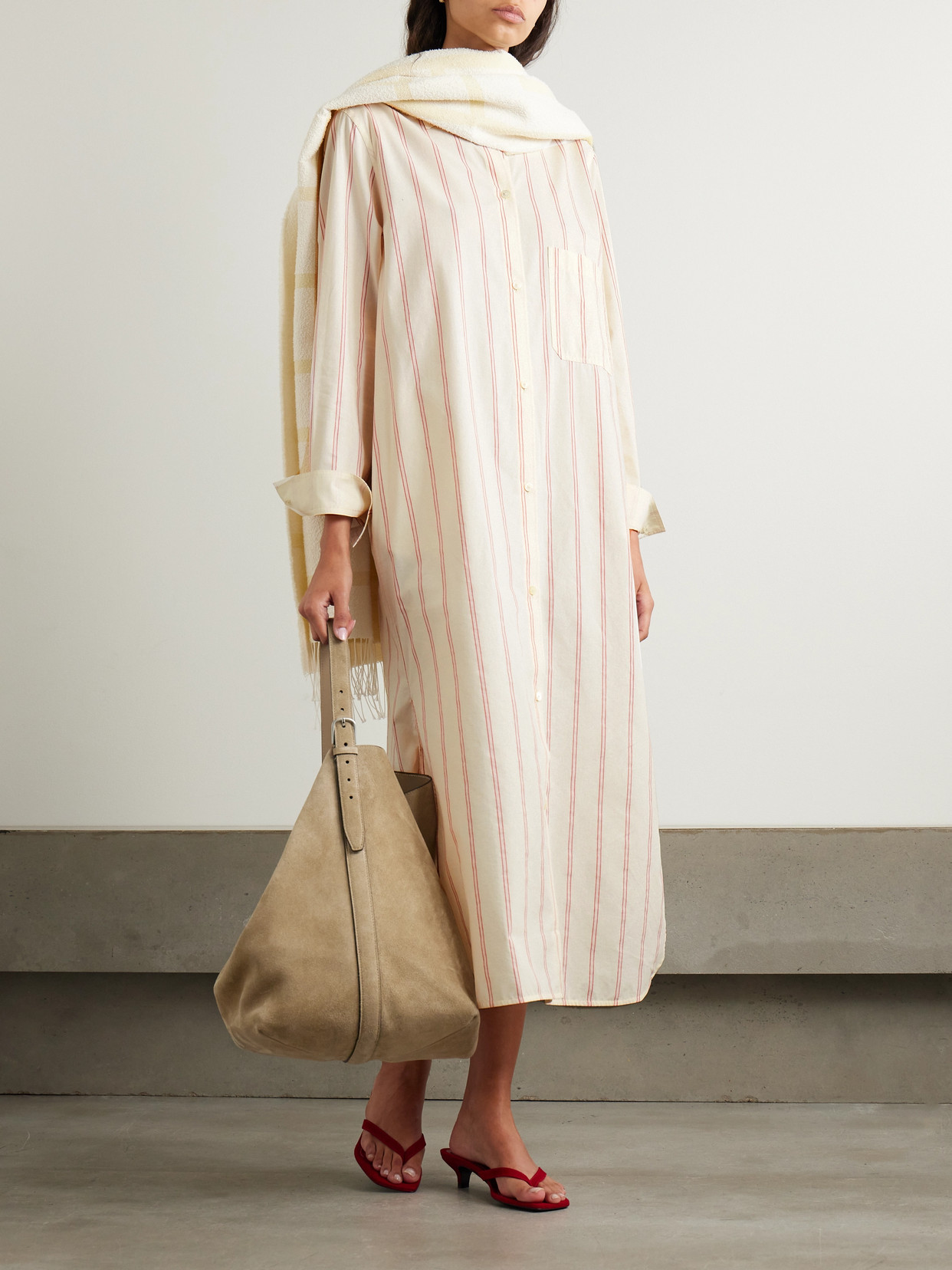TOTÊME STRIPED COTTON AND SILK-BLEND MIDI SHIRT DRESS